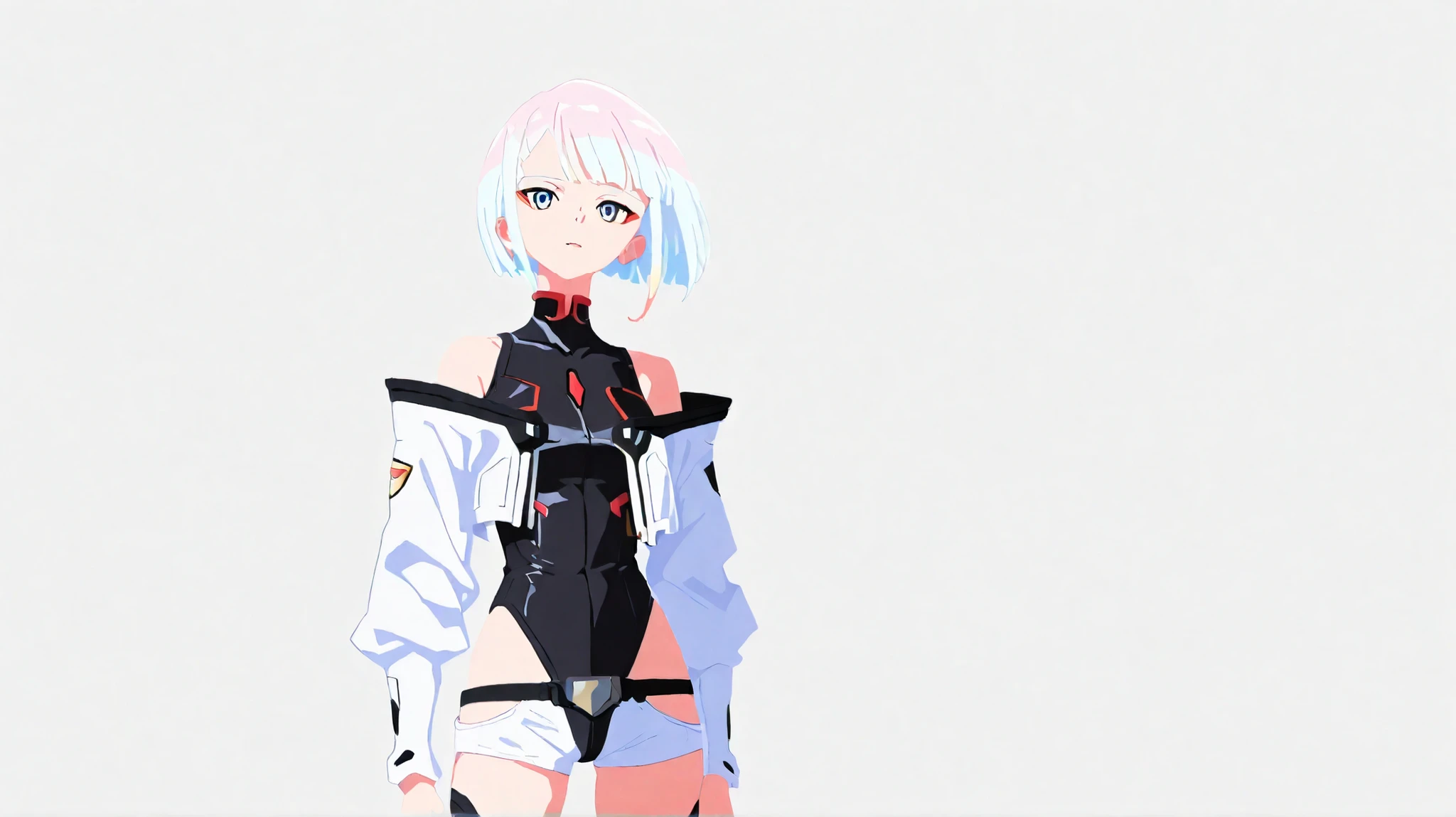 no lineart,no outline, Lucy, 1girl, off-shoulder jacket, leotard, bare shoulders, short hair, bangs, cropped jacket, open jacket, off shoulder, open clothes, multicolored hair, red eyeliner, white hair, cowboy shot . luc13dg3runn3r, 1girl, multicolored hair, short hair, solo, blue eyes, turtleneck leotard, short shorts, thighhighs