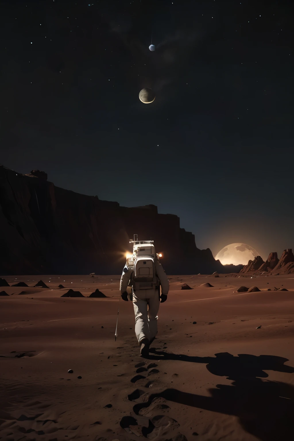 a space module landing on the surface of a planet, 8k highly detailed, photorealistic, cinematic lighting, dramatic, epic scale, realistic space shuttle, moon rover, astronaut walking on the moon, American flag, craters, rocky terrain, planets or moons visible in the background, dramatic shadows, vivid colors