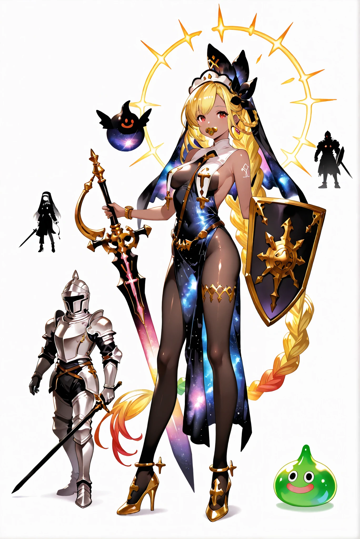 ruanyi0847,bodysuit,breast curtains,dress,nun,pantyhose,pelvic curtain ,( stands,whole body, high heels, front view,Standing picture, white background:1.7),HoleHeels,oval/Circle/Thorn/Horn Heels,,limited color palette,Colorful, vivid colors ,Flashing silhouette ,neon,black light ,watch, Masterpiece, Very Beautiful,, shiny skin, galaxy dress, backless dress, golden ornaments, arm tattoo, , Granblue_ fantasy, Helel_Ben_Shalem, dark skin, Blonde, long hair, braid, red eyes, pacifier,slime knight,slime_(dragon_quest),armor,helmet,holding shield,holding sword,knight,no humans,riding
,green skin