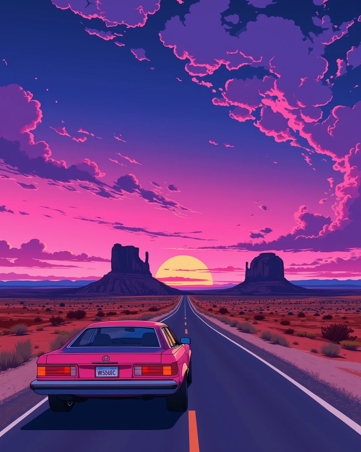 illustration background image, Road Trip at Sunset, twilight, dusk, A road in Monument Valley, Arizona, illustration of US Route 163, endless road. American car driving on endless road, Vast,
Neon Sunset, fascinating background, Where Sunshine Meets the Horizon, Linger in the Glow of Dusk, When Love Fades to Memory, It's like a bad 90s movie. in style, dreams art. soft color.