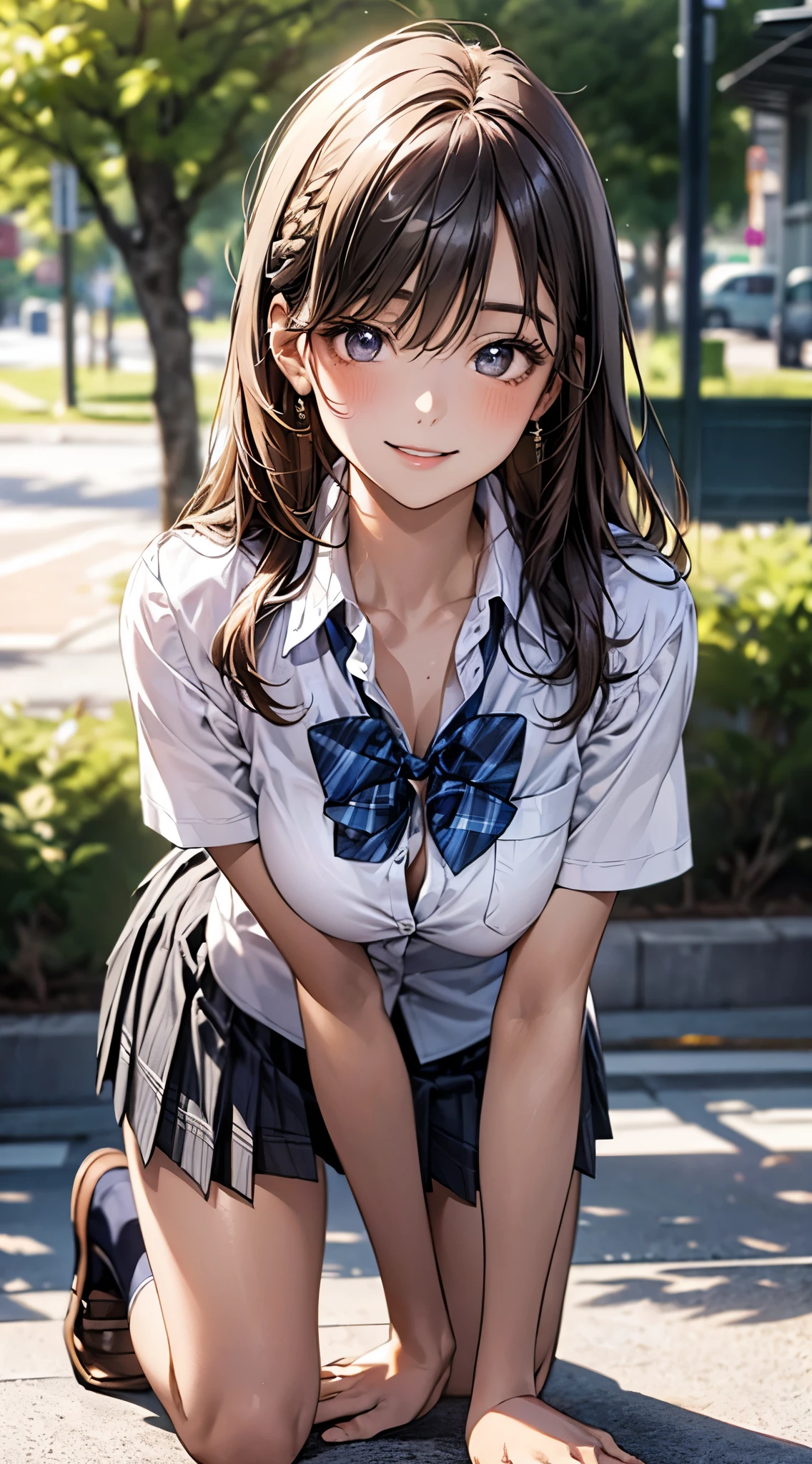 (masterpiece:1.3, top-quality, ultra high res, ultra detailed), (realistic, photorealistic:1.4), beautiful illustration, perfect lighting, natural lighting, colorful, depth of fields, surrealism, nsfw,
beautiful detailed hair, beautiful detailed face, beautiful detailed eyes, beautiful clavicle, beautiful body, beautiful chest, beautiful thigh, beautiful legs, beautiful fingers, shiny skin,
looking at viewer, 1 girl, japanese, high school girl, (perfect anatomy, anatomically correct, super detailed skin), cute and symmetrical face, babyface, perfect face, perfect eyes,
(middle hair, straight hair, charcoal gray hair), crossed bangs, blue eyes, drooping eyes, big eyes, long eyelashes, (large breasts, seductive thighs), slender, outstanding style,
((detailed cloth texture, white collared shirt, blue pleated skirt, dark red neck ribbon), white socks, loafer),
(beautiful scenery), evening, (sidewalk, grassy), (squatting), (lovely smile, upper eyes, open mouth),