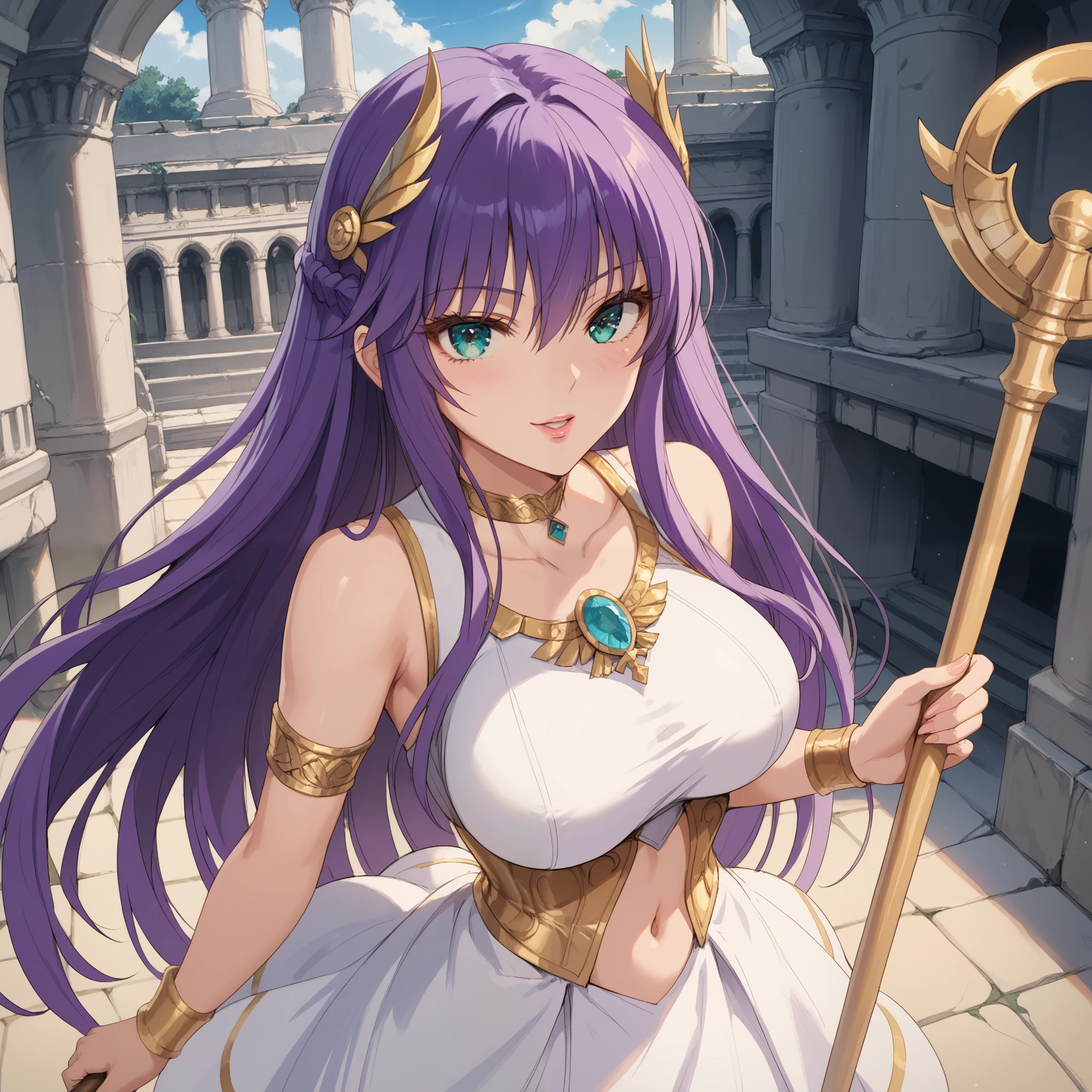 Score_9, Score_8_up, Score_7_up, Score_6_up, source_anime, (s40r1k1d0), Saori o Saint Seiya, Leaning on one side, dark aqua eyes, purple long hair, tight clothing, (sleeveless long white v-neck dress), gold choker, gold belt, gold armband, golden staff, golden shield, navel shape, big_breasts, round ass, hip sway, thin waist, lewd face, open lips, detailed face, detailed eyes. break. Perspective, from above, face closeup, outdoor, Greek temple ruins, dramatic lighting cinematic, hyperdetailed, insane details, intricate details, best quality, vibrant colors,