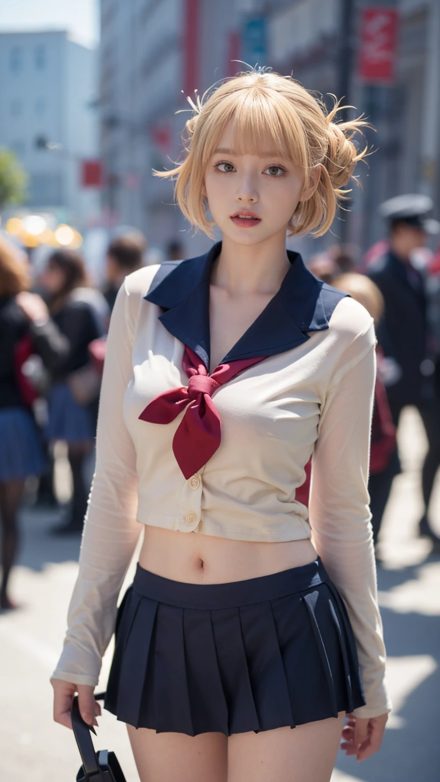 alone, Appearance , anatomically accurate, high definition , woman、((( cutter shirt and navy blue ))), 、(((medium blond hair parted in the center ))), masterpiece, accurate, super high definition, textured skin, 8k octane , Gravure Shooting 、The background is wavy hair parted in the center of the street 、 plump body 、4K、((( blurred background))),Artistic,