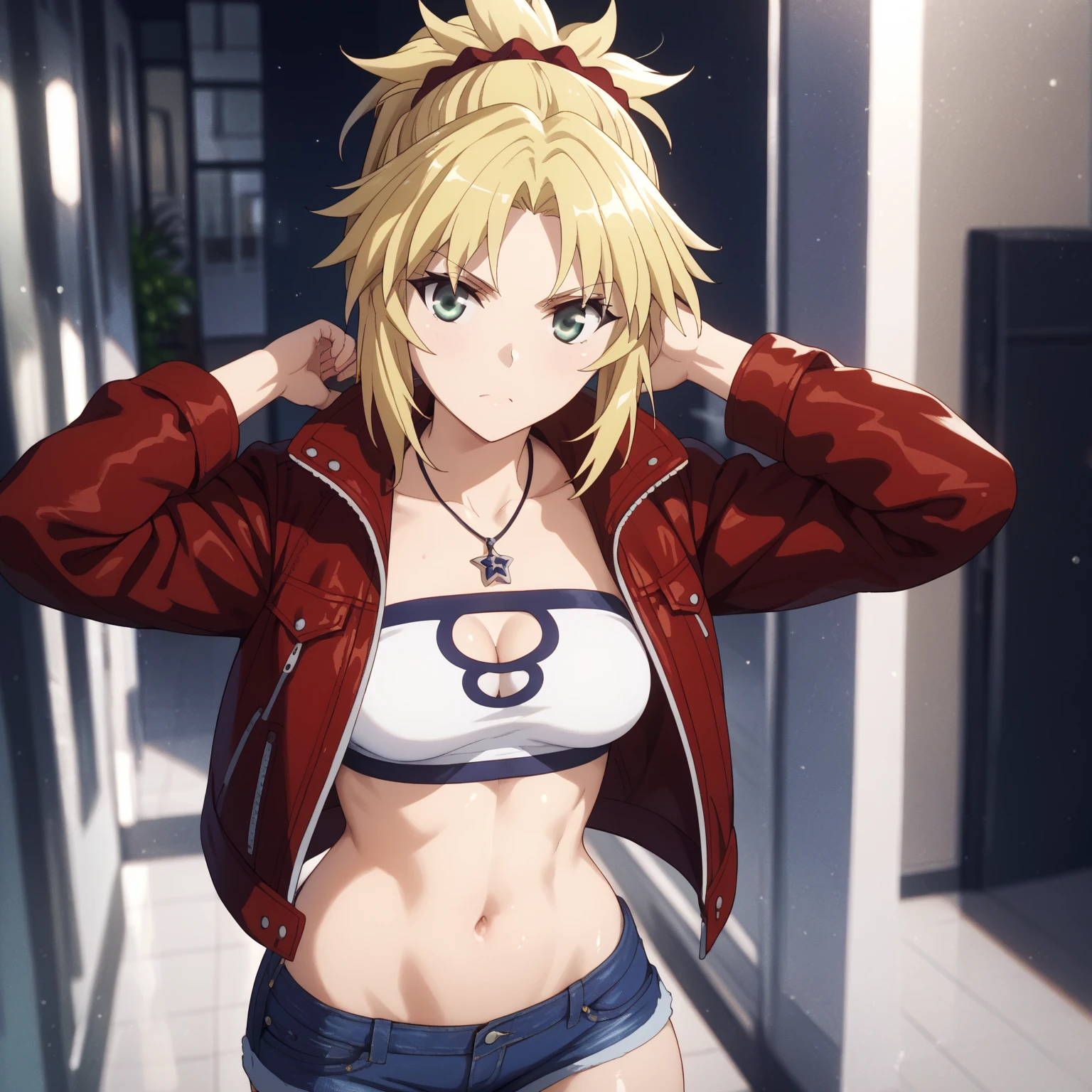 fgomordred, modred, (green eyes:1.5), blonde hair, ponytail, short hair, scrunchie, red scrunchie, hair scrunchie, (small breast:1.2), NSFW, erotic, porn, sex, dripping pussy, wet pussy,
BREAK blonde hair, denim, denim shorts, jacket, jewelry, midriff, navel, necklace, red jacket, torn short shorts, torn shorts, torn tube top, white top,
BREAK looking at viewer, back view, showing off her ass, grabbing ass, opening ass, grab ass,
BREAK outdoors,
BREAK (masterpiece:1.2), best quality, high resolution, unity 8k wallpaper, (illustration:0.8), (beautiful detailed eyes:1.6), extremely detailed face, perfect lighting, extremely detailed CG, (perfect hands, perfect anatomy),