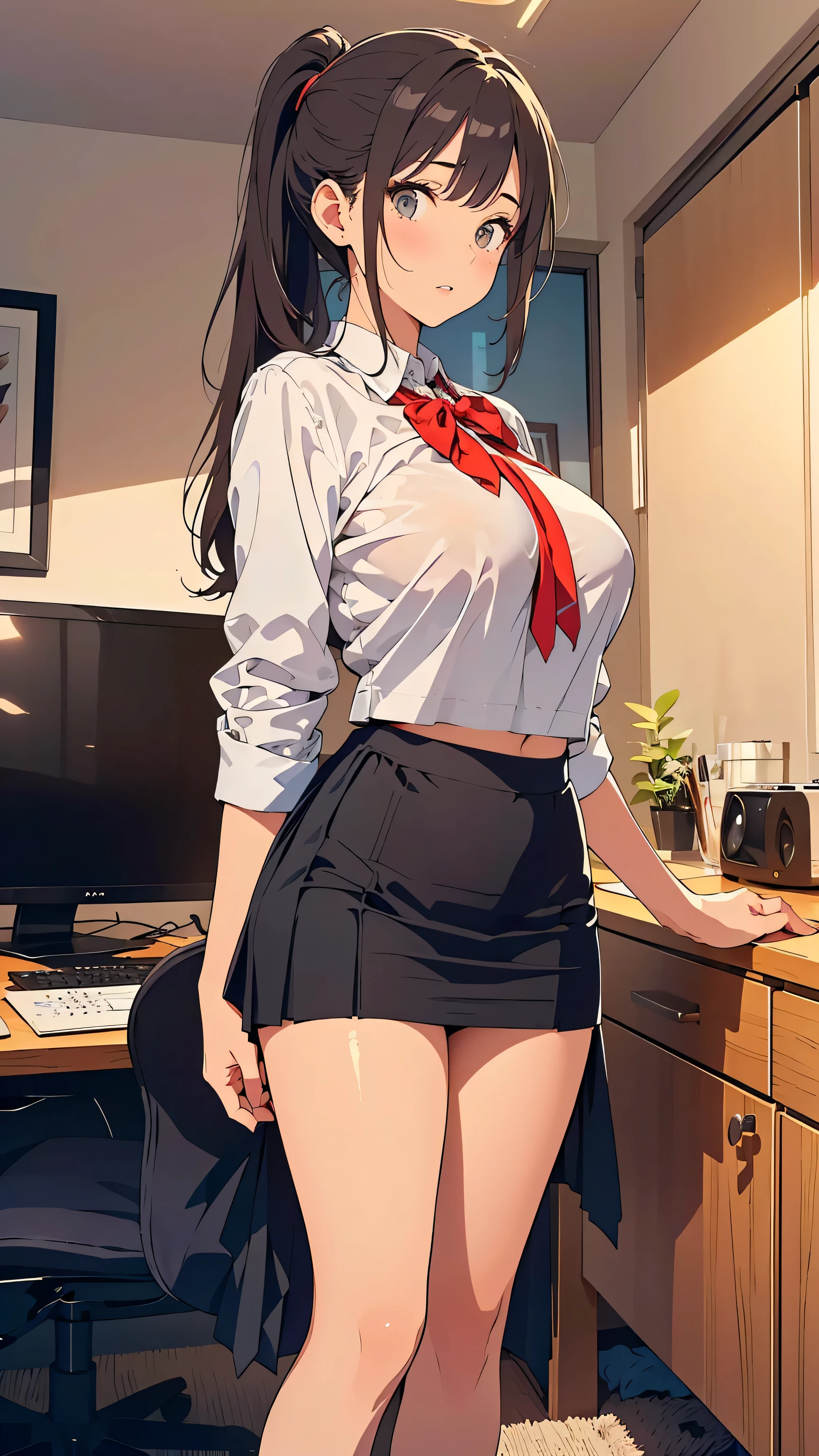 (masterpiece:1.2, highest quality), (realistic, photorealistic:1.4), beautiful illustrations、Bow tie watching the audience,Front view, (((Maid clothes with wide open chest))) 30 years old、perfect face, Cute symmetrical face, shiny skin,
random hairstyle、Big eyes, droopy eyes, long eyelashes、beautiful thighs、Tall and beautiful hair, beautiful face, fine and beautiful eyes, beautiful clavicle, beautiful body, beautiful breasts, beautiful thighs, beautiful feet, beautiful fingers,
((((back view))))、
(beautiful scenery),(business office background), (smile), (((skirt lift, panties are visible)))