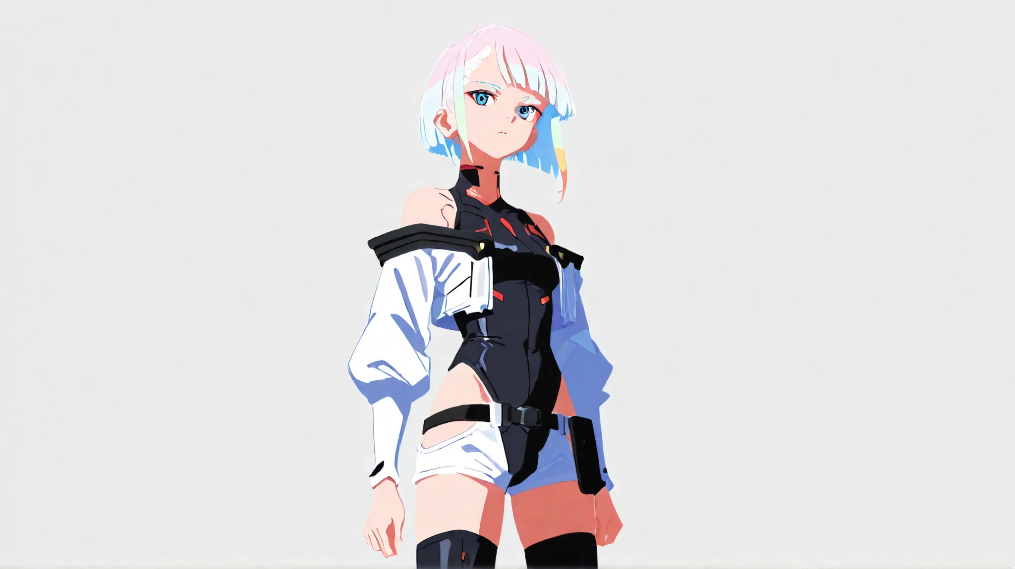 no lineart,no outline, Lucy, 1girl, off-shoulder jacket, leotard, bare shoulders, short hair, bangs, cropped jacket, open jacket, off shoulder, open clothes, multicolored hair, red eyeliner, white hair, cowboy shot . luc13dg3runn3r, 1girl, multicolored hair, short hair, solo, blue eyes, turtleneck leotard, short shorts, thighhighs , cyberpunknoirlora