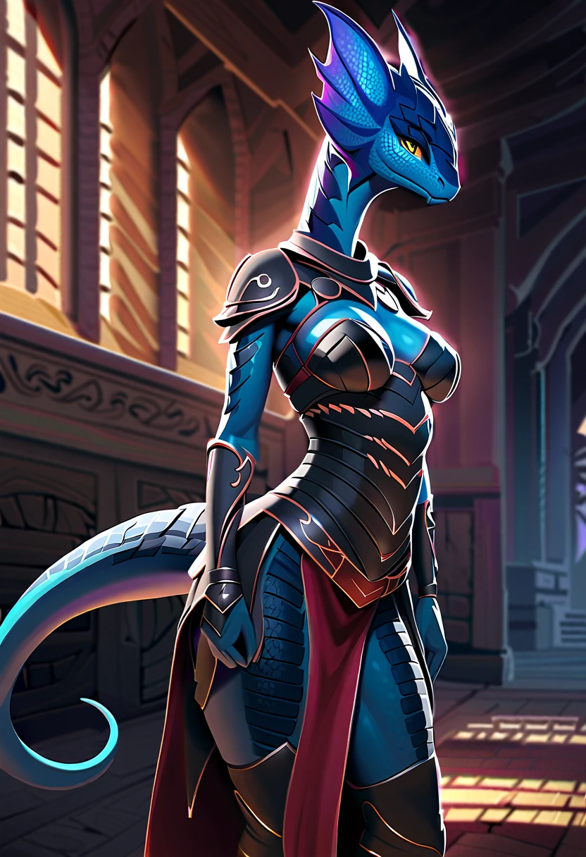 un Kobold de piel azul y lila, una hembra kobold, poca altura, Desnuda, color de ojos esmeralda, cuernos lilas, 6 cuernos, small horns, anthro dragon art, Arte Antro, water dragon, Anthro, fantasy art, hermoso peludo, Lagarto Antro, She bathes and poses captivatingly in a river with a waterfall. , fantasy world, mundo antiguo, estilo kemono, colores vibrantes, aesthetically pleasing, plano amplio desde arriba