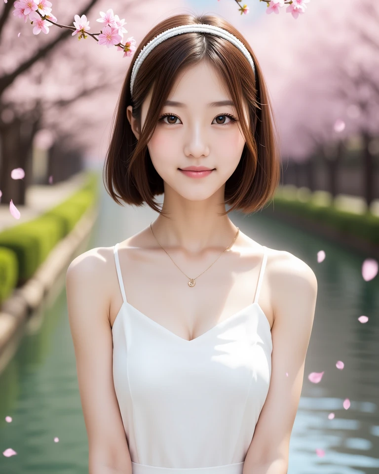 ((Highest quality, 8k, masterpiece:1.3)), concentrate: 1.2, Perfect Body Beauty: 1.4, Hips: 1.2, ((Bob Hair, chest: 1.2)), (Sexy Costumes: 1.1) , (Cherry blossom scenery:1.3), White Dress: 1.1, Highly detailed face and skin texture, Delicate eyes, double eyelid, White skin,smile,Light Hair Color