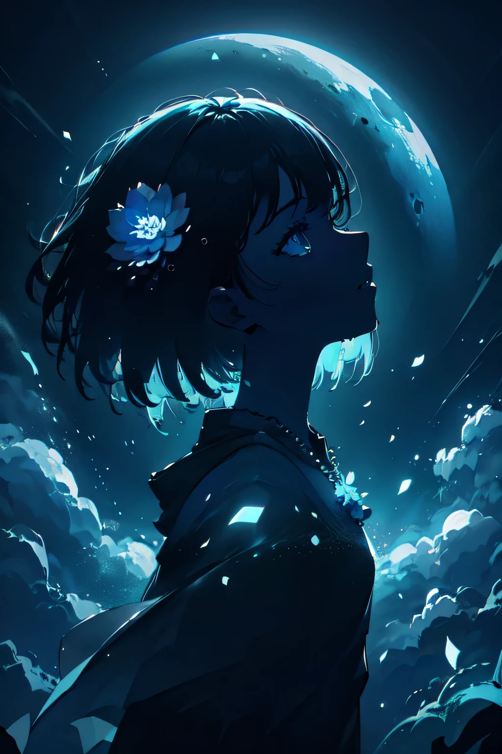 Masterpiece ultra quality, ethereal anime girl portrait, raven-black flowing hair with dynamic strands, electric blue eyes with detailed reflections, delicate face structure, melancholic expression, pearl-like skin texture, moonlit atmosphere, glowing blue Japanese bellflowers (Kikyo flowers), translucent pearl necklace with light refraction, dramatic side angle composition, deep navy blue color palette, gossamer-like flower petals, volumetric lighting, backlit silhouette, wet hair effect with glossy highlights, photorealistic skin rendering, studio quality dramatic lighting, iridescent blue tones, floating flower petals, dark mystical atmosphere, intricate hair detail with individual strands, crystalline dewdrops on petals, subsurface skin scattering, film grain texture, shallow depth of field, ray-traced shadows, advanced bloom effects, high-contrast lighting, expert color grading, dark gothic aesthetic, hyperdetailed facial features, professional photography composition, atmospheric particle effects, 8K resolution, advanced material shaders, cinematic production value
