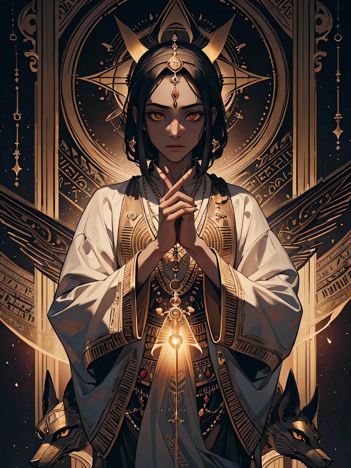 Tarot Card: The High Priest (Hierophant) – Anubis, Keeper of Mysteries A majestic Anubis, the ancient Egyptian god of the afterlife, stands in the center of the card, embodying the wisdom and authority of The High Priest (Hierophant). His form is a fusion of jackal-headed divinity and reptilian mysticism, giving him an otherworldly, powerful presence. His piercing eyes glow with divine knowledge as he gazes forward, a bridge between the mortal and spiritual realms. Draped in flowing royal Egyptian robes, embroidered with golden hieroglyphs, he holds a sacred staff—the Was scepter—in one hand, symbolizing power, while the other hand is raised in a gesture of divine teaching. Behind him, the ancient temple of knowledge looms, bathed in an eerie, storm-lit sky, with swirling winds carrying whispers of lost wisdom. Thoth, the scribe god, hovers nearby, recording sacred knowledge. Lightning crackles in the distance, symbolizing divine revelation, while swirling sandstorms rise around his feet, marking his command over both chaos and order. His robes billow in the wind, and his reptilian features glisten under the golden light of the Eye of Ra, which shines above him like a celestial beacon. At the bottom of the card, the traditional tarot symbolism remains: two devoted initiates, kneeling before Anubis, ready to receive his sacred teachings. The card’s border is adorned with Kemetic hieroglyphs, reinforcing the deep connection to ancient Egyptian mysticism. Rendered in a rich oil painting style, the textures of Anubis' fur, the swirling storm, and the ancient stone carvings are vividly brought to life, creating a dramatic yet spiritual aura. The color palette is deep and **regal—golds, blacks, blues, and crimson—**evoking mystery, divinity, and power. At the bottom, bold tarot typography reads: “The High Priest – Anubis”, with subtle Kemetic script flowing underneath, sealing the card with divine energy.