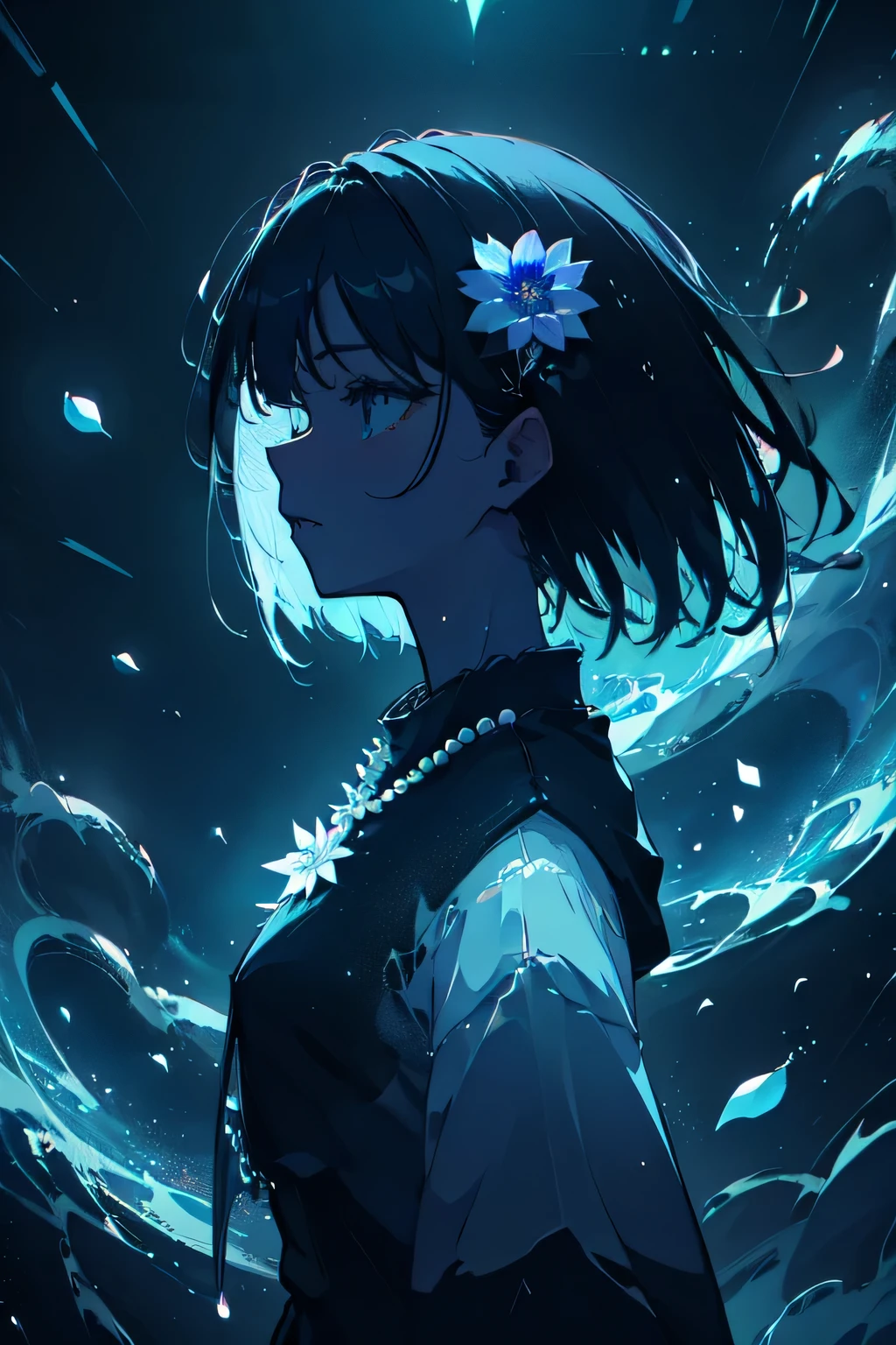 Masterpiece ultra quality, ethereal anime girl portrait, raven-black flowing hair with dynamic strands, electric blue eyes with detailed reflections, delicate face structure, melancholic expression, pearl-like skin texture, moonlit atmosphere, glowing blue Japanese bellflowers (Kikyo flowers), translucent pearl necklace with light refraction, dramatic side angle composition, deep navy blue color palette, gossamer-like flower petals, volumetric lighting, backlit silhouette, wet hair effect with glossy highlights, photorealistic skin rendering, studio quality dramatic lighting, iridescent blue tones, floating flower petals, dark mystical atmosphere, intricate hair detail with individual strands, crystalline dewdrops on petals, subsurface skin scattering, film grain texture, shallow depth of field, ray-traced shadows, advanced bloom effects, high-contrast lighting, expert color grading, dark gothic aesthetic, hyperdetailed facial features, professional photography composition, atmospheric particle effects, 8K resolution, advanced material shaders, cinematic production value