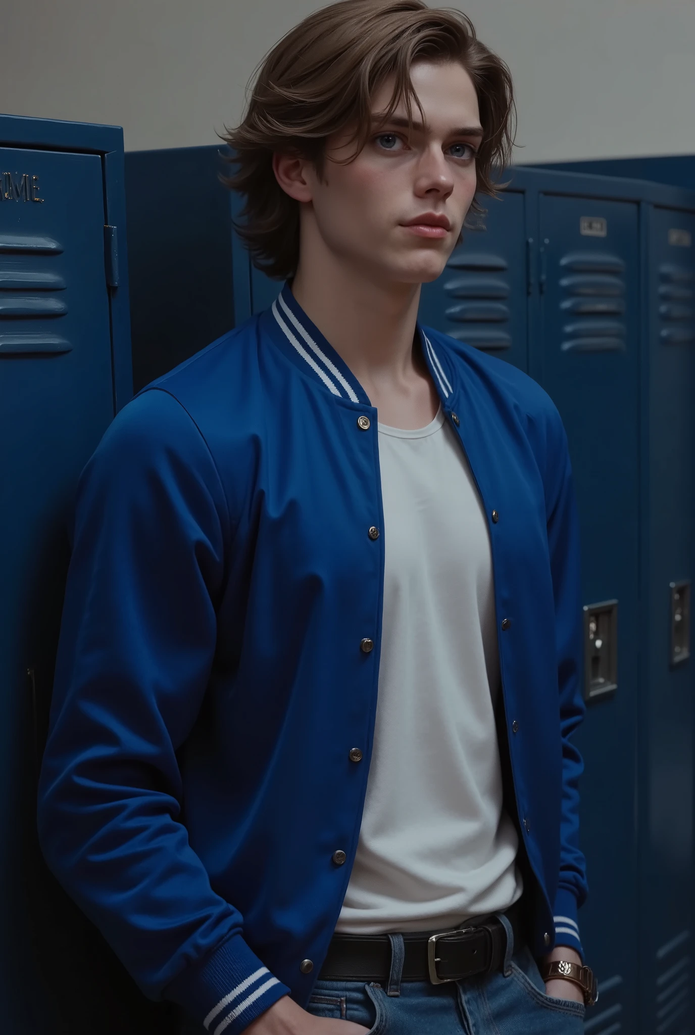 19 year old man, tall, defined, broad shoulders, medium length and disheveled brown hair, sharp jaw and blue eyes, his body is turned to the side but he looks straight ahead, he is wearing a royal blue school jacket with white and jeans, the background is a high school with dark blue lockers.