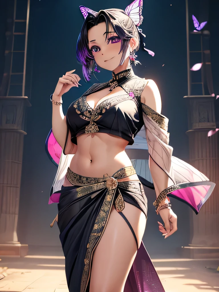 (8k, RAW photos, minino:1.1) ,female,(looki at viewer company),cowboy lens,Japanese,shinobu kochou/ (demon slayer\),(fullbody saree:1.1),La Brett Piercing,cleavage,(((saree))),seductive smile,Be red on the face, full body photo, standing, lean, muscular legs, muscular belly, , shinobu kochou, animal print, black hair, butterfly, butterfly hair ornament, butterfly print, forehead, gradient hair, hair ornament, haori, multicolored hair, parted bangs, purple hair, short hair, two-tone hair,seductive pose, Professional lighting、photon mapping、physics-based rendering、dark theme,wearing wifs, jewellery and necklace, alone, extreme high quality, legs covering saree