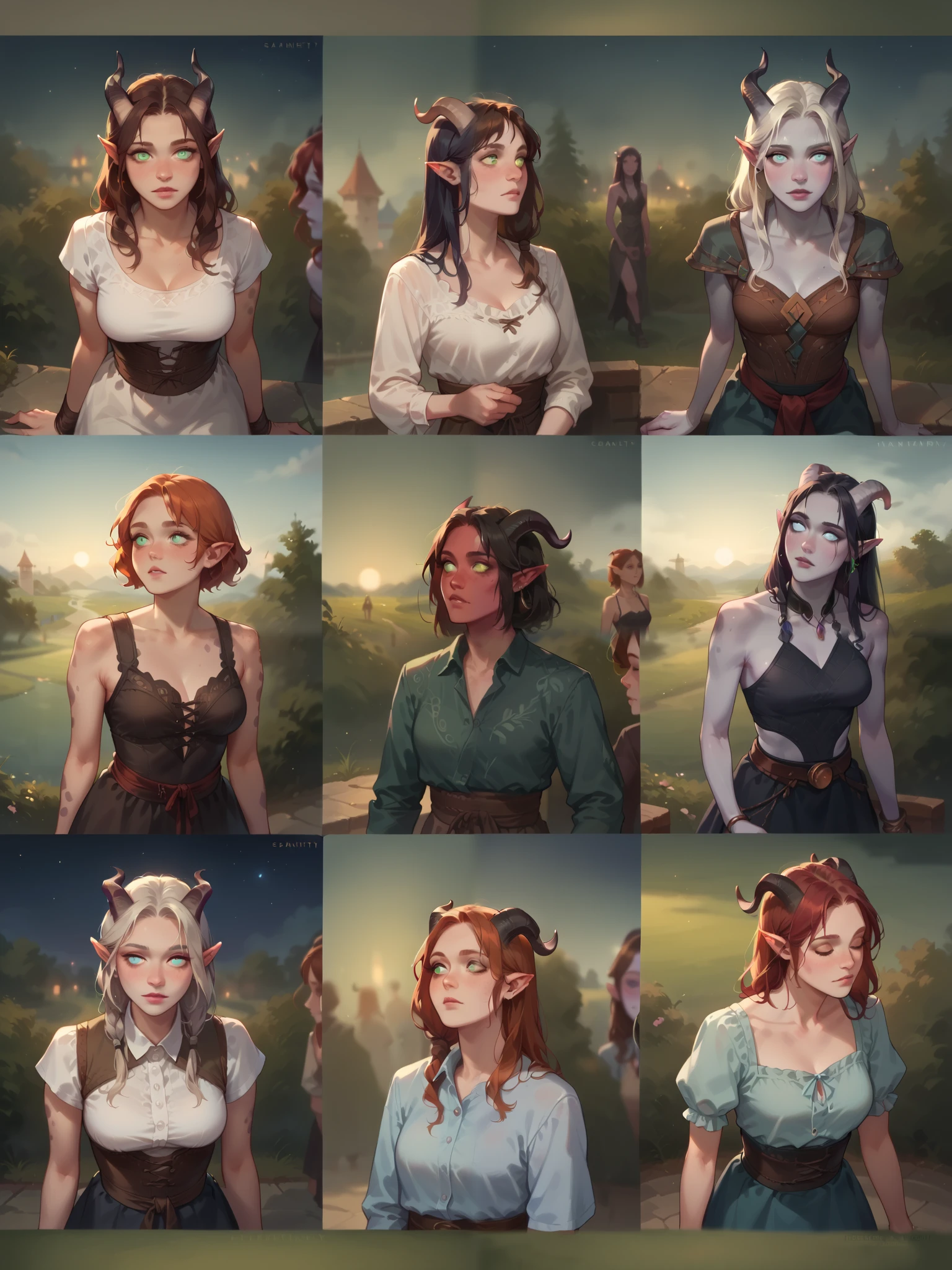score_9, score_8_up, score_7_up, score_6_up, 9girls, Tiefling, with grey skin, delicate small black horns, pointed ears, Tranquil, Peaceful, skin patterns, spots, serenity, dark, night, view high from above
