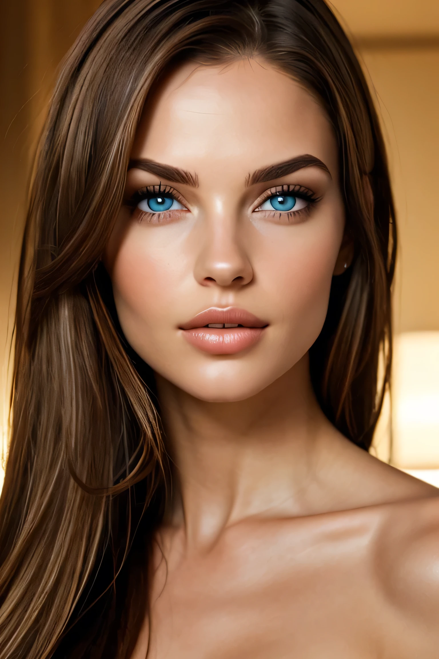 Model 40 years old, [[[[close-up]]]], [[[[chest]]]], [[[[neck]]]], [[[[shoulders]]]], 8k, photorealistic, gray eyes, perfect iris, perfect lips, perfect teeth, perfect skin, soft front light, glow, HDR, (muted colors: 1.2), dress with spaghetti straps, shoulder length dark hair --auto --s2