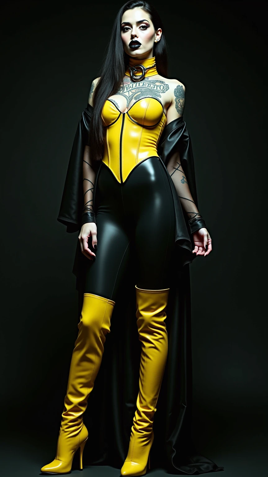jenna_ortega as tanyaMK1 from Mortal Kombat, figting standing, long, black pig tails, yellow revealing bodysuit, black ornate details, yellow stockings, high heels, intricate, high detail, sharp focus, dramatic, photorealistic painting art by greg rutkowski