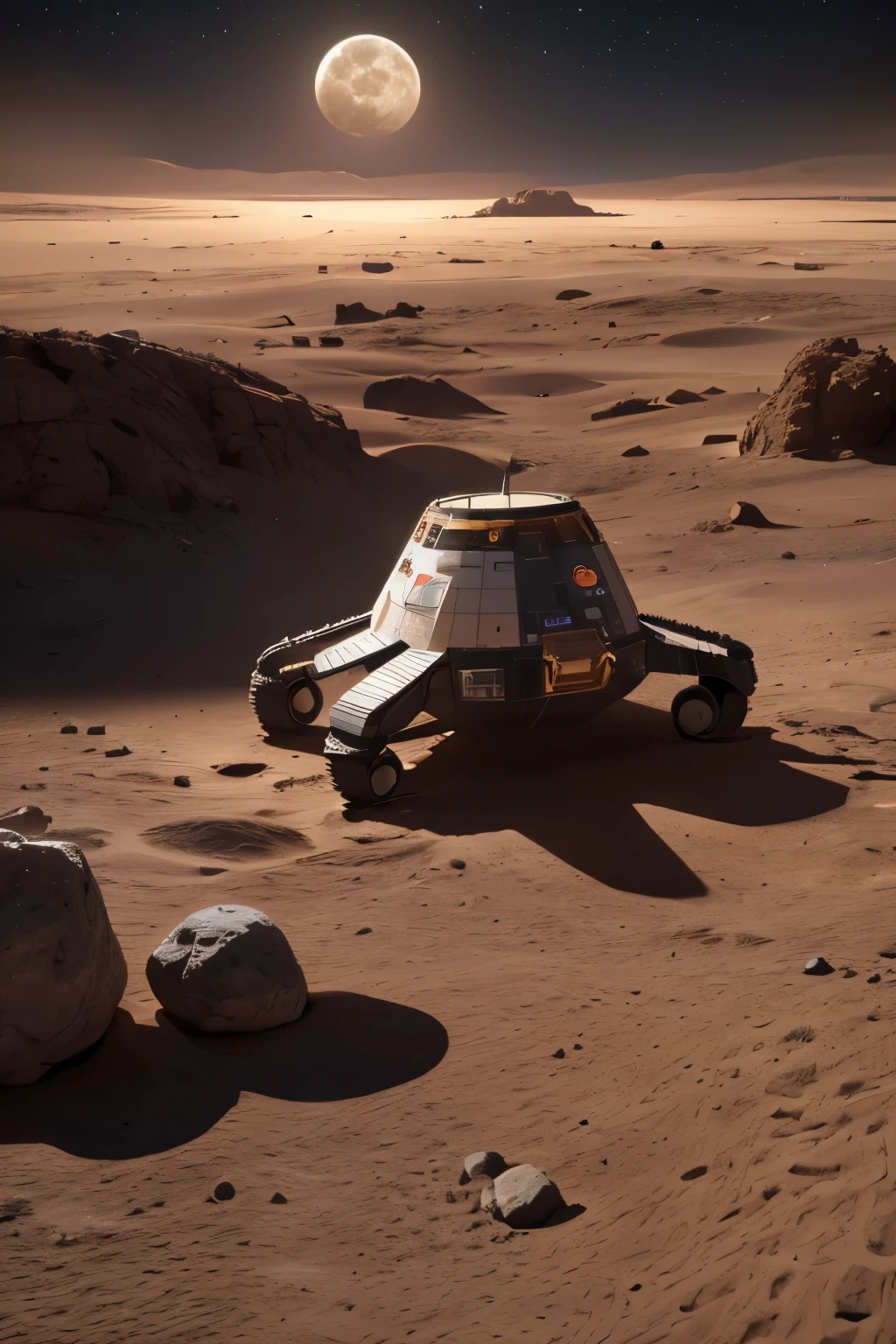 a space module landing on the surface of a planet, 8k highly detailed, photorealistic, cinematic lighting, dramatic, epic scale, realistic space shuttle, moon rover, astronaut walking on the moon, American flag, craters, rocky terrain, planets or moons visible in the background, dramatic shadows, vivid colors