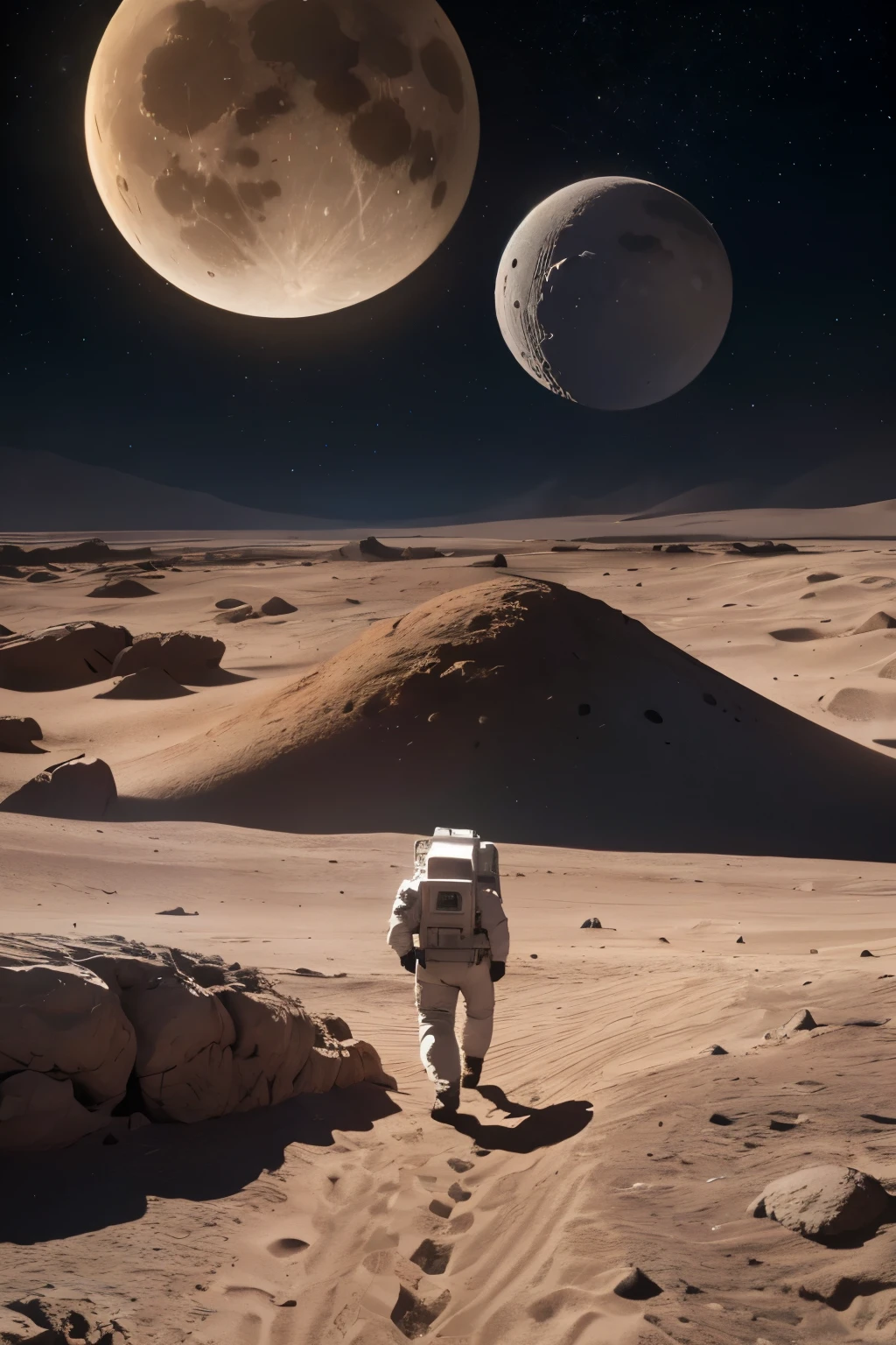 a space module landing on the surface of a planet, 8k highly detailed, photorealistic, cinematic lighting, dramatic, epic scale, realistic space shuttle, moon rover, astronaut walking on the moon, American flag, craters, rocky terrain, planets or moons visible in the background, dramatic shadows, vivid colors