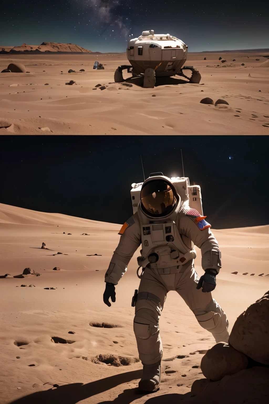 a space module landing on the surface of a planet, 8k highly detailed, photorealistic, cinematic lighting, dramatic, epic scale, realistic space shuttle, moon rover, astronaut walking on the moon, American flag, craters, rocky terrain, planets or moons visible in the background, dramatic shadows, vivid colors