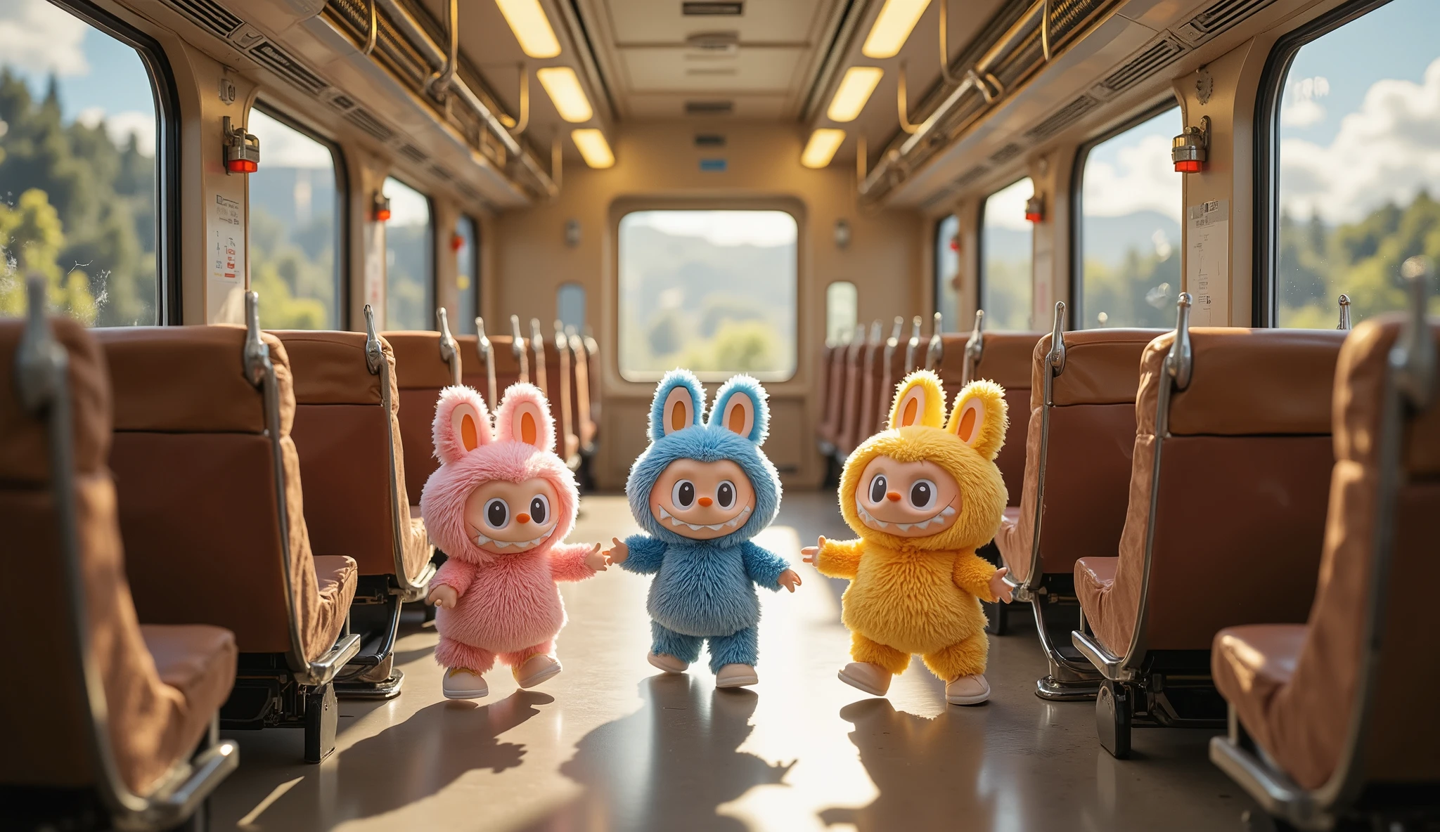 "In the soft morning light, three cheerful Labubu—pink, blue, and yellow—dance joyfully in the aisle of an empty train car. From the front view, their fluffy faces radiate excitement, their wide grins full of playful energy. Their small feet tap against the polished floor as they twirl and sway in perfect harmony, their tiny arms moving with enthusiasm. Each Labubu carries its own unique expression, reflecting pure delight as they enjoy the moment together.
On either side of the aisle, rows of empty train seats stretch into the distance, their fabric cushions untouched. The early sunlight filters through the large windows, casting a golden glow across the quiet cabin. Outside, glimpses of lush green landscapes rush past, blending into a blur of trees, fields, and distant hills. The gentle rocking of the train adds a rhythmic sway to their movements, making their dance feel even more alive.
The train’s interior is still and peaceful, with no other passengers present. Overhead compartments remain closed, and the metal handrails reflect the soft morning light. The air is crisp and fresh, carrying the faint scent of clean upholstery. The only sounds in the cabin are the muffled hum of the moving train and the soft pitter-patter of Labubu’s feet as they continue their joyful dance.
In this rare, quiet moment, the three Labubu create a world of their own, filling the empty train car with laughter and energy. Their dance is a celebration of the journey ahead, a simple yet beautiful moment captured in the warmth of the morning."