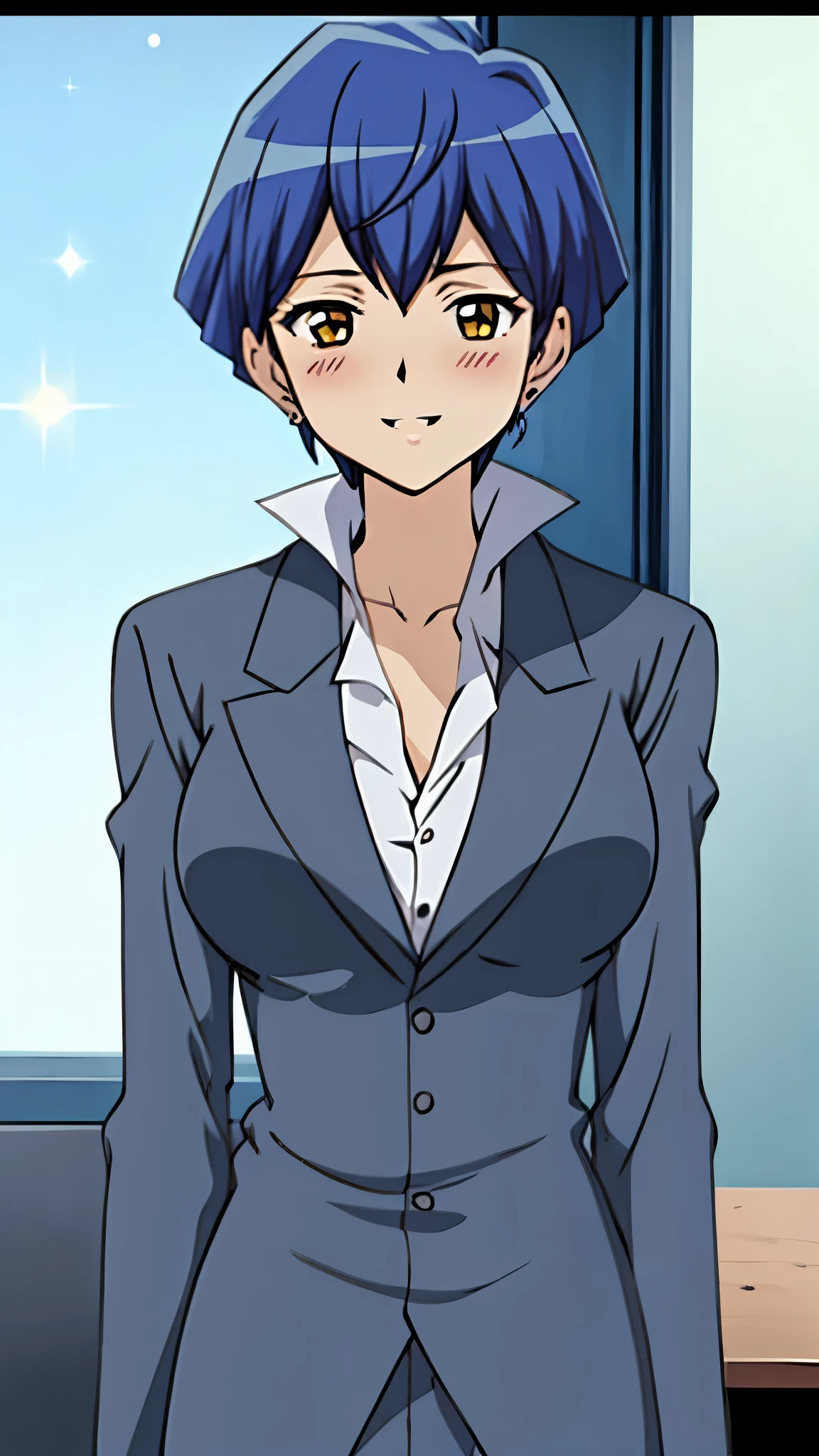((super high quality,))((Ultra-high resolution,))(16K,)(super masterpiece,)((Ultra HD ,))(Detailed shading,)One sexy office lady,Cleavage,popped Tight collar White shirts,smile,blush,Peeking into this,Office in the morning sun,Sit at a desk,
