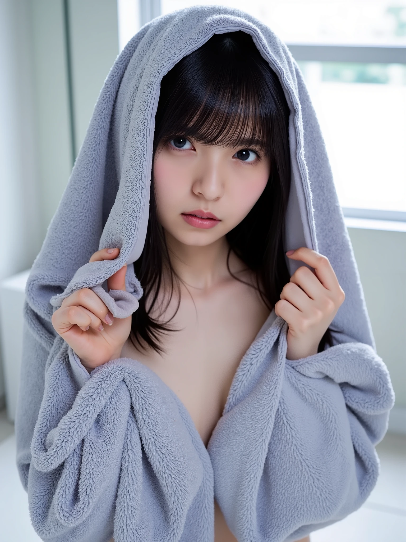 masterpiece, top quality, high resolution ,Perfect light and shadow, 8k Wallpaper, 's art , ray tracing, 22 year old cute girl , black hair, Long Straight Hair , Big, clear eyes ,full body portrait,hot spring,,Cover your body with a large wet towel, exposed breasts ,Incredibly perfect breasts, Highlight Big Breasts ,hot spring冒蒸气,, is wet from ,Incredibly healthy and attractive sexy thighs,Incredibly sexy waist and waist、Big round buttocks, an embarrassed expression