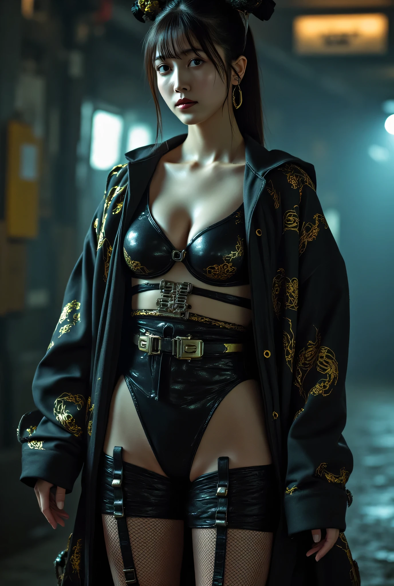 (((The dark interior of the Nostromo ship :2.0))),((( HR Gigger Style Cyberpunk Atmosphere :2.0))),(((Hold a cyberpunk-style Japanese sword:2.0))), standing,((whole body:2.0)), one woman,( cute face),(Beautiful well-balanced face ),(( natural big breasted :2.0)),( black hair:1.5),( beautiful eyes:1.3), glamorous shot of a 20 year old Japanese woman , Slender Beautiful Body ,(( model body type:2.0)),(( slim body with hot water:1.7)), perfect body line , ideal proportions ,(( big breasts:2.0)),((F cup breasts:1.5)),Big Breasts,Bare thighs, sensual thighs, delicate body,( Muscular:1.7),A harmonious posture,((Realistic breast depiction :1.7)), carefully depict limbs based on perfect anatomy,((Wear a samurai kimono-style military coat with an open front over a black super high-leg leotard :1.5)),((a super high leg leotard made of fitted cammie-style latex:1.5)),(( leotard that is tied from behind:1.5)),(ear monitor:1.5),((Tactical Holster:1.5)),( gloves:1.3), concept art ,(top quality:1.5),( Masterpiece:1.5),(超高resolution),resolution,UHD,( delicate depiction), carefully drawn with butterfly wings ,32K,((realistic skin texture:1.5)),((( Super realistic :1.5))), eyelashes,very detailed face,Highly detailed female hand,Sexy appearance,Very sensual,(Blurry Dim Backgrounds :1.5), professional photography,( Movie Lighting:2.0),(( Blade Runner Style Lights :2.0))