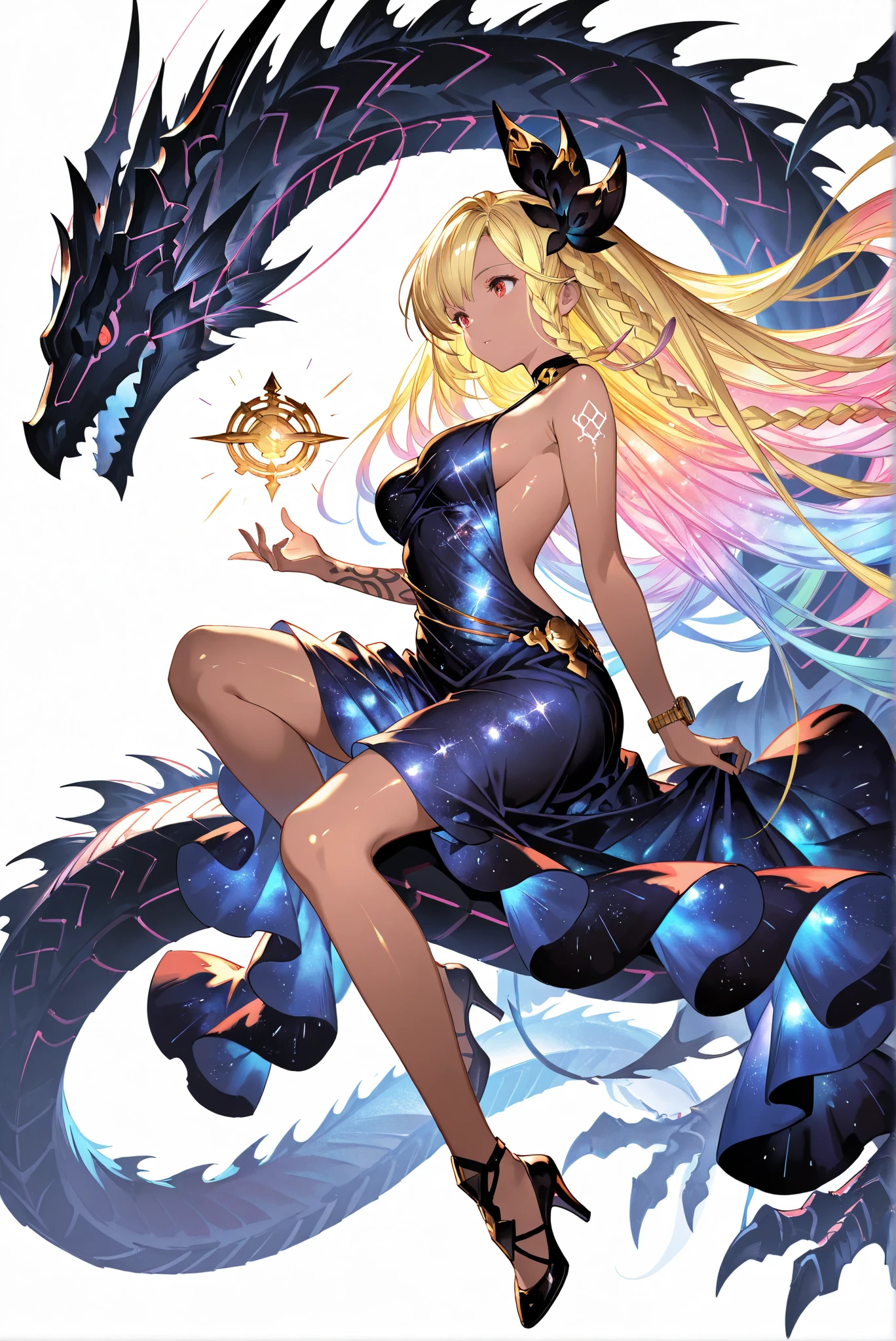 ( front view,riding on a blue-eyes white dragon,whole body, high heels, white background:1.7),limited color palette,Colorful, vivid colors ,Flashing silhouette ,neon,black light ,watch, Masterpiece, Very beautiful,, shiny skin, galaxy dress, backless dress, golden ornaments, arm tattoo, , Granblue_ fantasy, Helel_Ben_Shalem, dark skin, Blonde, long hair, braid, red eyes,riding on a blue-eyes white dragon