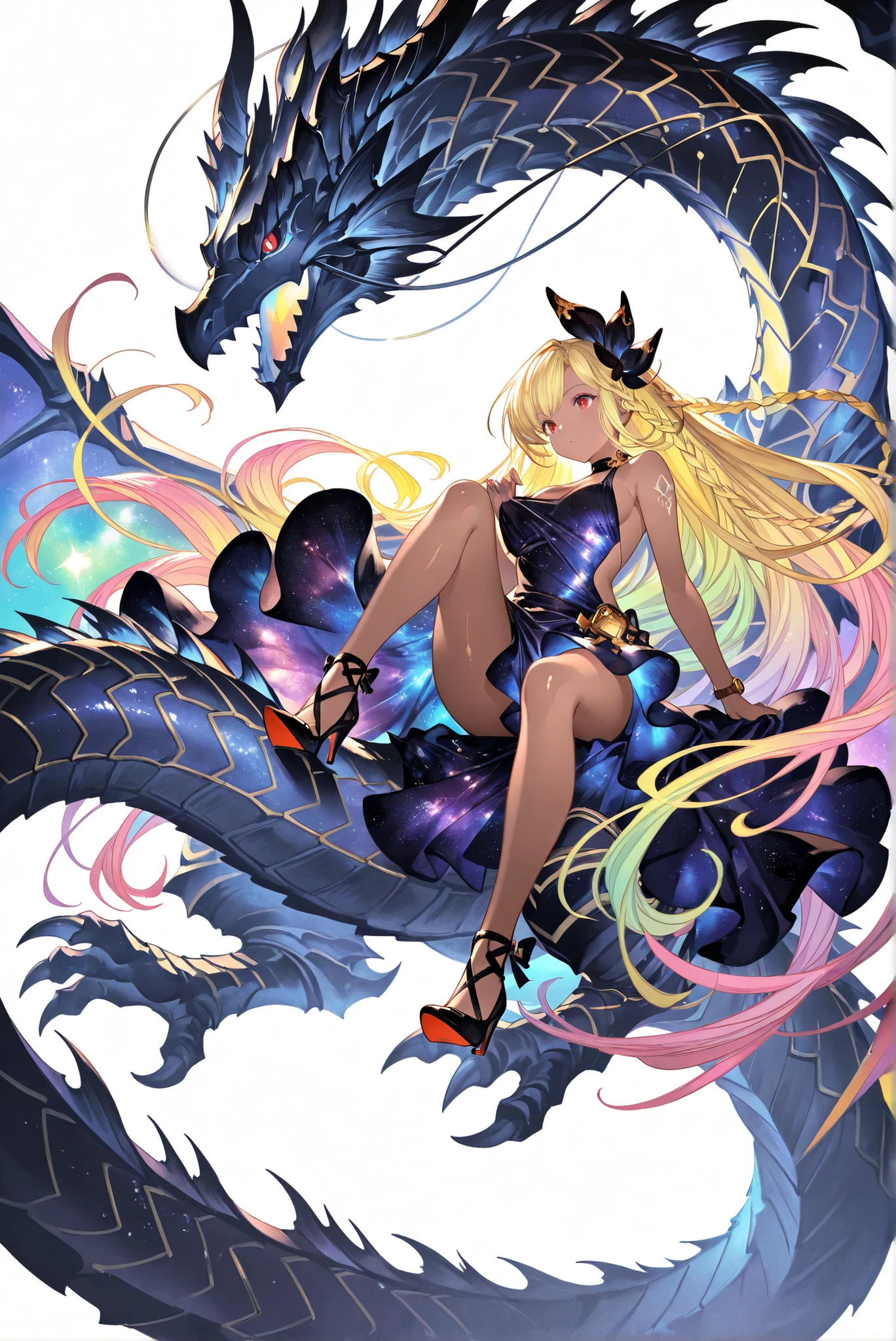 ( front view,riding on a blue-eyes white dragon,whole body, high heels, white background:1.7),limited color palette,Colorful, vivid colors ,Flashing silhouette ,neon,black light ,watch, Masterpiece, Very beautiful,, shiny skin, galaxy dress, backless dress, golden ornaments, arm tattoo, , Granblue_ fantasy, Helel_Ben_Shalem, dark skin, Blonde, long hair, braid, red eyes,riding on a blue-eyes white dragon