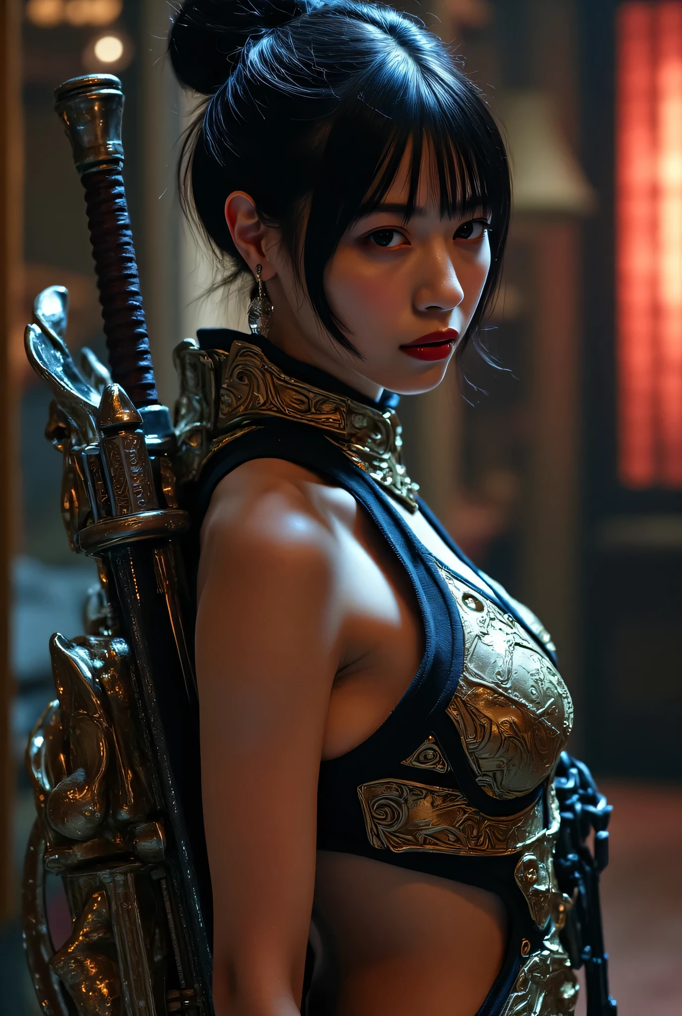 (((The dark interior of the Nostromo ship :2.0))),((( HR Gigger Style Cyberpunk Atmosphere :2.0))),(((Hold a cyberpunk-style Japanese sword:2.0))),Side view from the back ,Side pose,(( Look Back and Look at the Camera:2.0)),(( looking back over my shoulder :2.0)),Rear View,((whole body:2.0)), one woman,( cute face),(Beautiful well-balanced face ),(( natural big breasted :2.0)),( black hair:1.5),( beautiful eyes:1.3), glamorous shot of a 20 year old Japanese woman , Slender Beautiful Body ,(( model body type:2.0)),(( slim body with hot water:1.7)), perfect body line , ideal proportions ,( big breasts:1.5),Bare thighs, sensual thighs, delicate body,( Muscular:1.5),A harmonious posture,((Beautiful ass:2.0)),((cute ass:2.0)), ((((Bare ass :2.0)))),((( T-back :2.0))),(Realistic breast depiction :1.5), carefully depict limbs based on perfect anatomy,Filled with multicolored LEDs,((Super high-leg leotard that shines blue in the style of futuristic samurai armor:2.0,(( super high-leg leotard made of shining camy-like glass that fits the body:1.5)),((A blue translucent military coat in the style of a white samurai coat with an open front over a leotard:1.5)),(ear monitor:1.5),((Tactical Holster:1.5)),( gloves:1.3), concept art ,(top quality:1.5),( Masterpiece:1.5),(超高resolution),resolution,UHD,( delicate depiction), carefully drawn with butterfly wings ,32K,((realistic skin texture:1.5)),((( Super realistic :1.5))), eyelashes,very detailed face,Highly detailed female hand,Very sensual,(Blurry Dim Backgrounds :1.5), professional photography,( Movie Lighting:2.0),(( Blade Runner Style Lights :2.0))