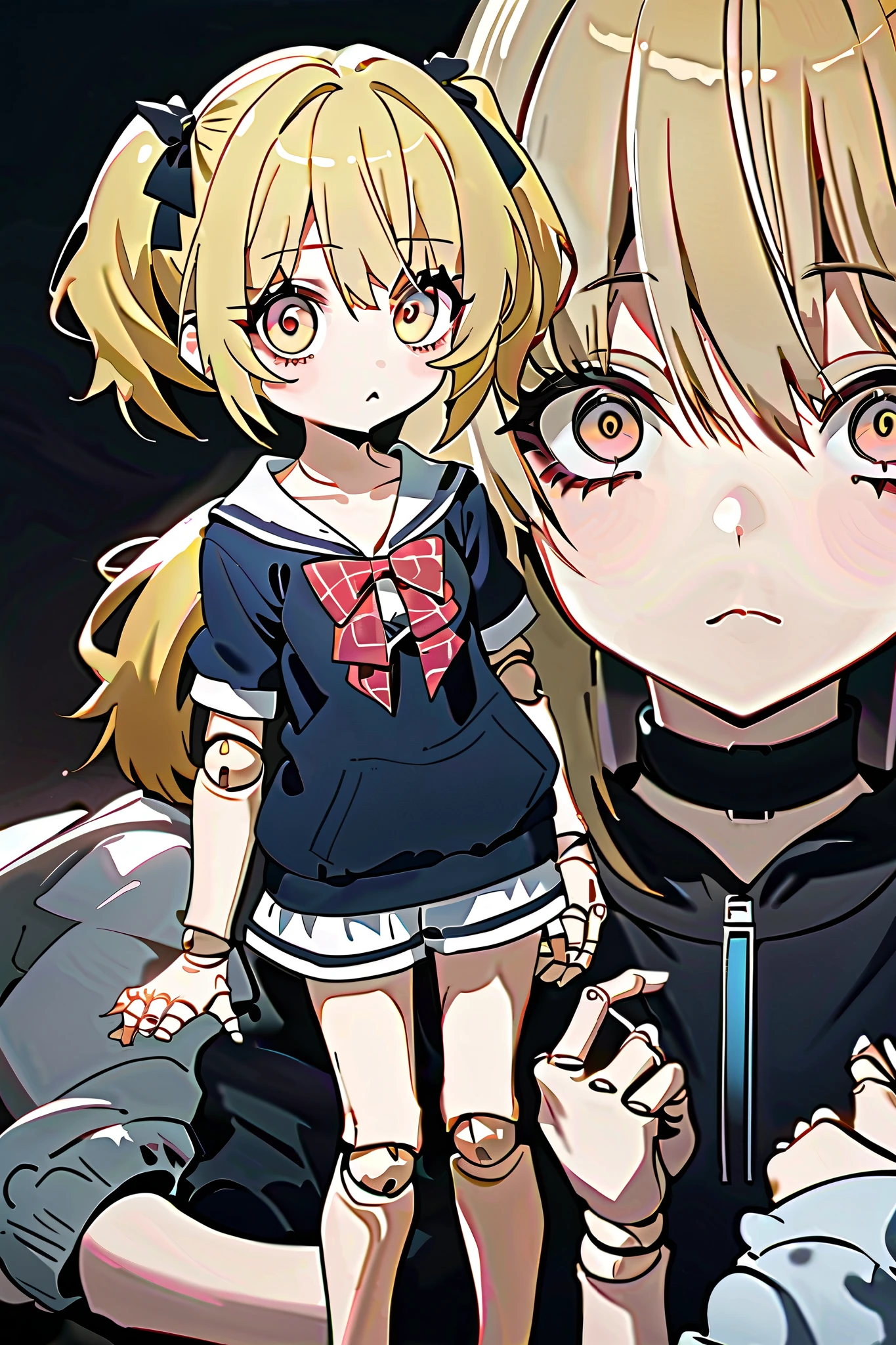 , young girl, girl, pale skin, big eyes, blonde hair, (((short twin tails))), cute face, ish face, casual clothing, ((doll joints)), doll