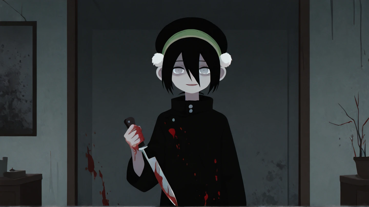 no lineart,no outline,
1girl, toph, bangs, black hair, blind, grey eyes, hair between eyes, hair bun, hairband, short hair ,
ruanyi0708,blood splatter,indoors,  Blood on hand, blood on clothes, crazy face, cold eyes, holding a blood covered knife  ,  Pale eyes, dark circles under eyes 