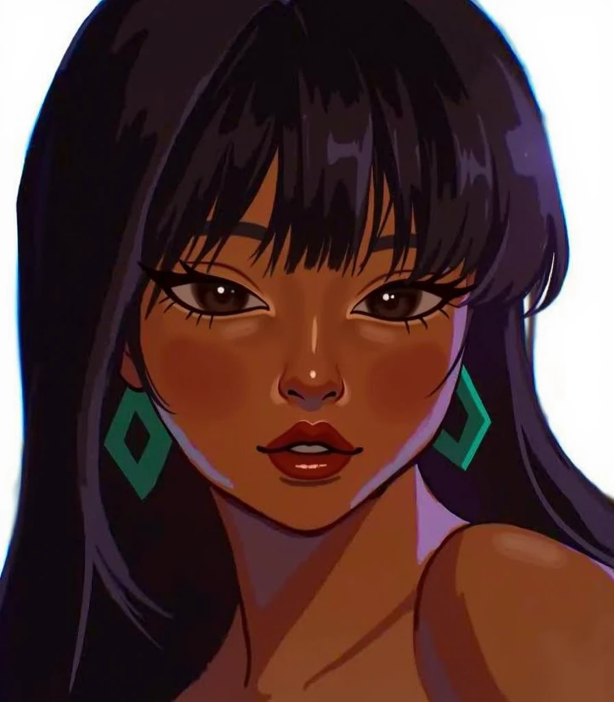 score_9, score_8_up, score_7_up, Chel, El Dorado, 1girl, black hair, solo, two curly top hair knot buns with two curly hair strands on the side, strapless bathing suit, small breasts, cleavage, jewellery, 1girl, solo, close up