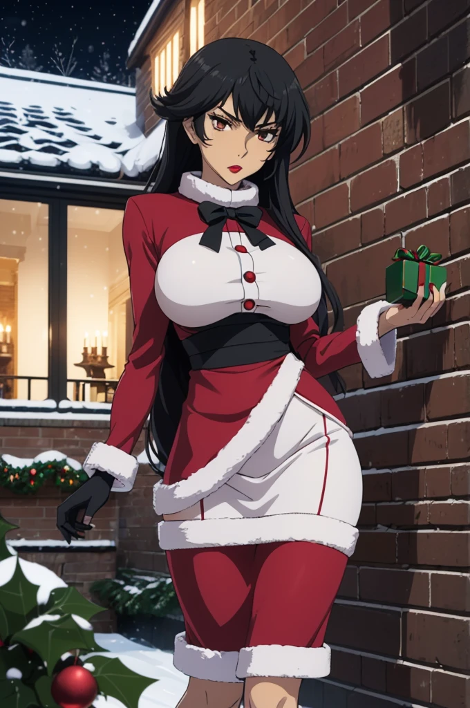 (isade), (1 girl),(Girl1 Loli:1.5),(super sexy mature body of 20 years old),(loli appearance:1.5),(pretty: 1.5), (super hot: 1.5), (dark skin: 2.0), (long dark purple hair and dark purple eyes), (The gigantic breasts with the bust of 387.6cm in length:1.5), (Height 1.52),(beautiful young woman),(super beautiful 18 year old teenager),( wearing),+,(\A female character dressed in a short red dress, fitted to the body, with white details on the cuffs and collar. She wears white gloves and a traditional red and white Christmas hat, completing the look with red boots.)/