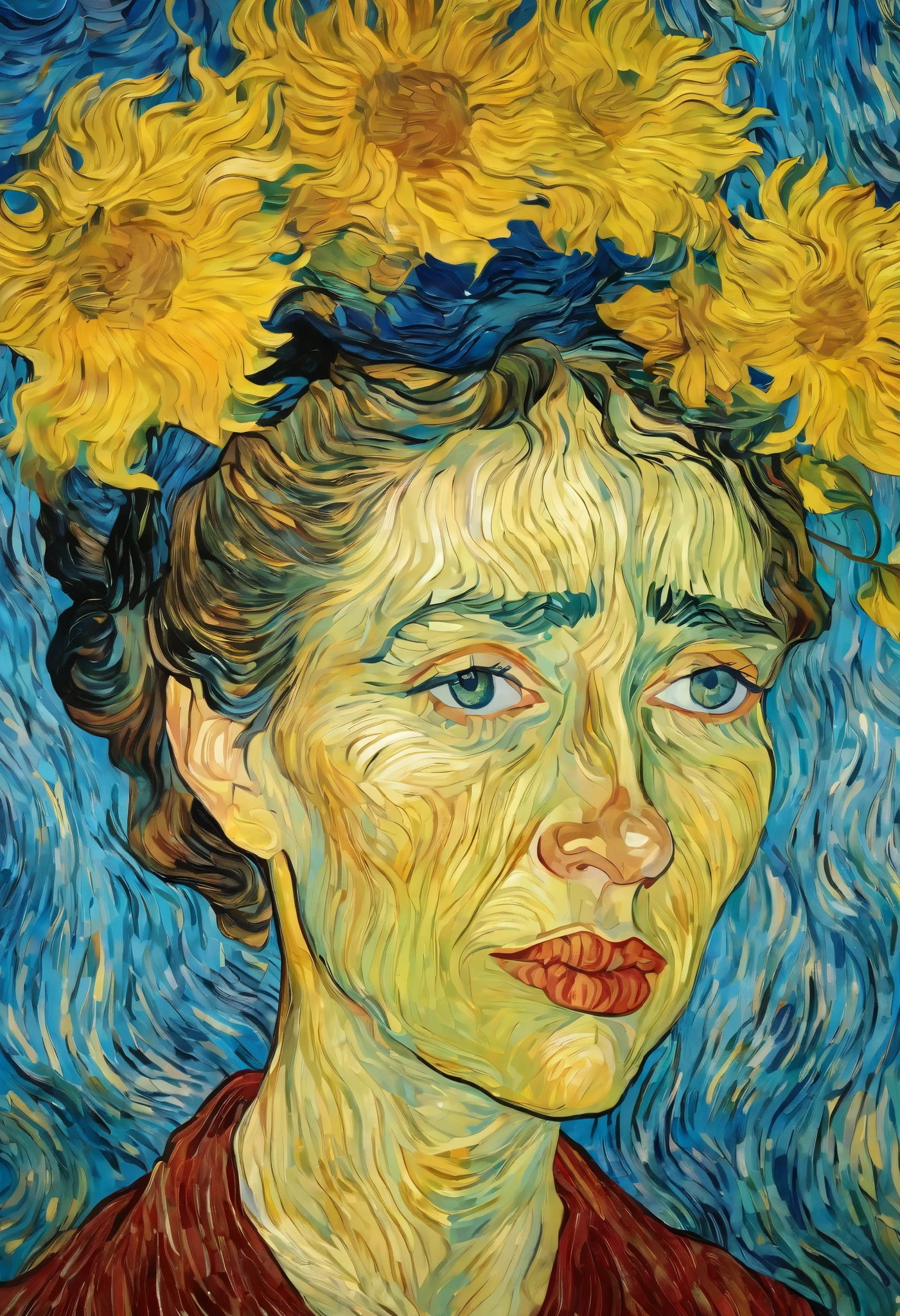 Van Gogh style, Very high quality,8k,Portrait of a crying woman, Centered Composition