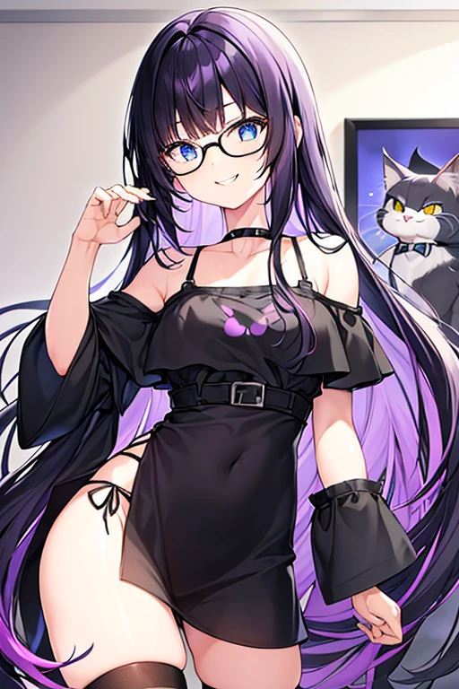 1 cat girl,Age 20 ,Long hair from black to dark purple.,purple eyes,have big breasts,Has cat ears and a cat tail.,round glasses,Wear a black turtleneck.,turtleneck sweater,neck rope,sleeveless shirt,open back,bare back,Killer sweater,Dress,Looking back
