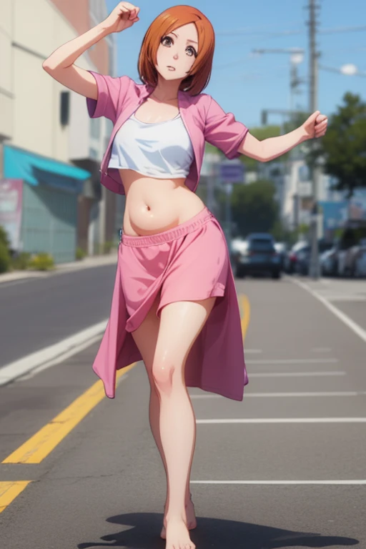 (best quality), (masterpiece), (1girl), solo, beautiful girl, perfect face, perfect body, big breast, sexy, bobcut hair, pink hair, smile, posing, stand, outdoor, on the street, sunny day, windy