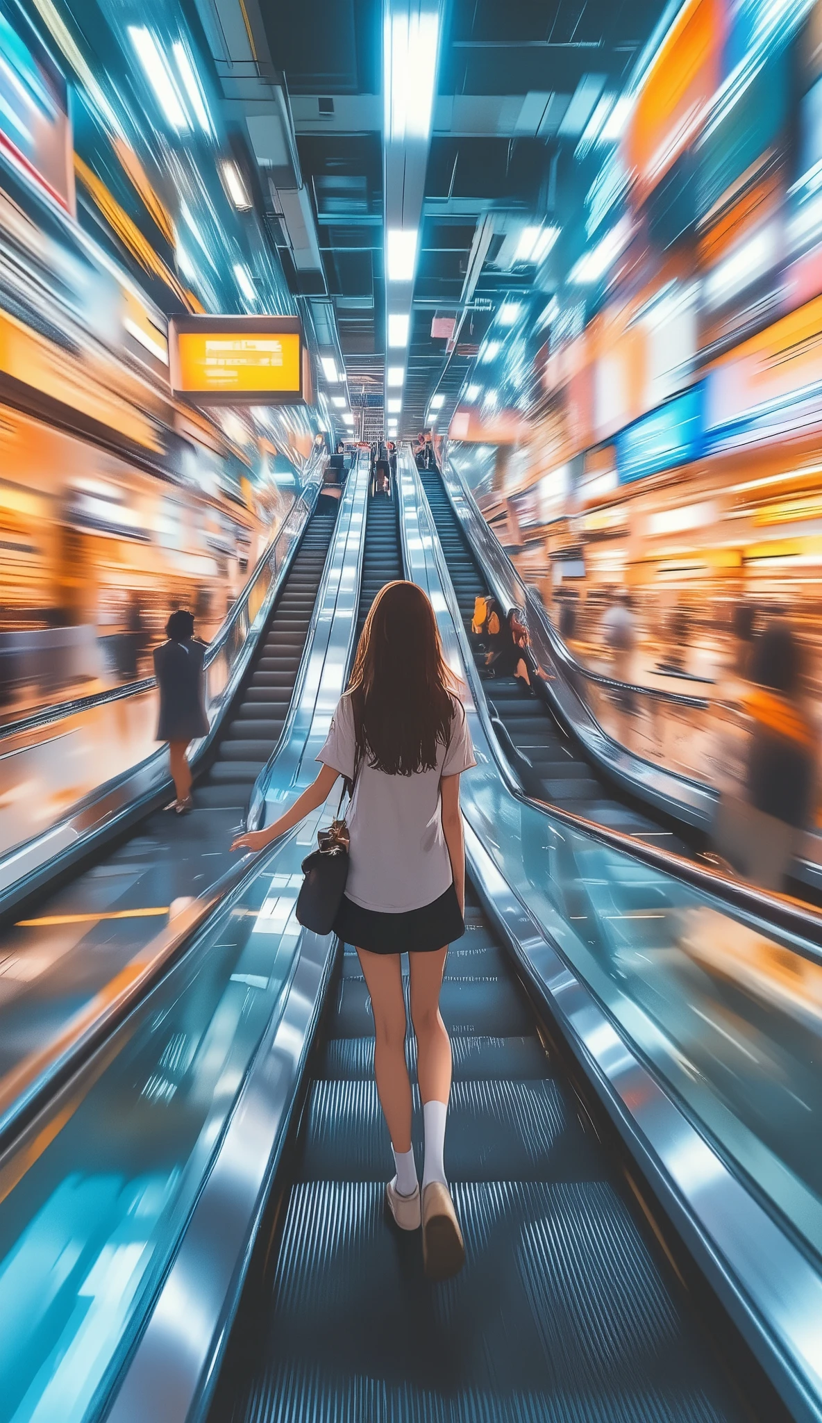 girl, back view, motion blur lines, anime speed lines, motion blur backdrop, panning shot, walking, escalator, Inside the building, passersby, . (masterpiece, best quality:1.2)