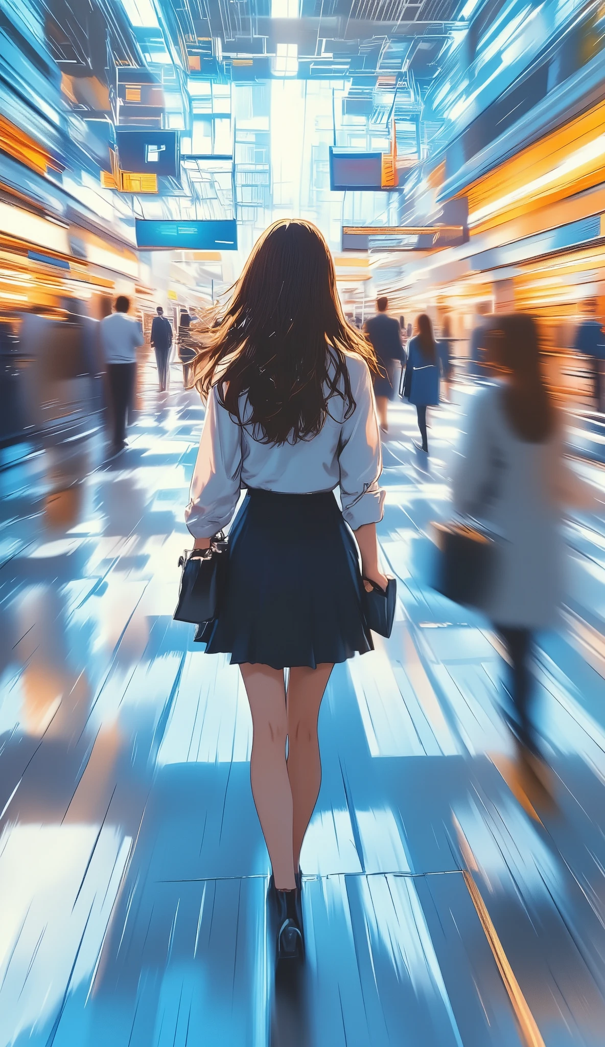 girl, back view, motion blur lines, anime speed lines, motion blur backdrop, panning shot, walking, escalator, Inside the building, passersby, . (masterpiece, best quality:1.2)