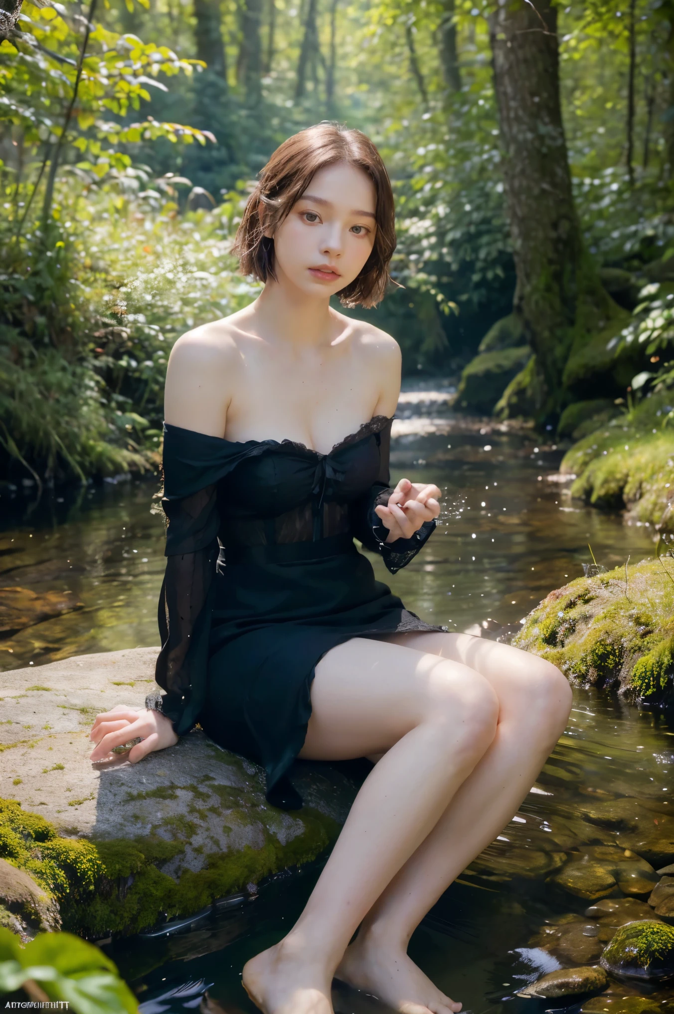 black hair, (full body), wearing medieval long cotton nightie clothes, sitting on a rock, feet in the water, Drenched hair, The background is a forest, sunset, (masterpiece, best quality, award winning, highres), skinny, intricate and beautiful design, highly detailed beautiful face, super detailed beautiful eyes, light smile, sitting near stream, forest, leaves flow, windy, sun lights through forest, fantasy art, dynamic lighting, cinematic lighting, hyper realistic, extremely CG detail, octane render, (artistic + masterpiece:1.4), (incredibly detailed eyes), (8k, Photorealistic, Photo RAW, Best quality: 1.4), (UHD), (Ultra high realism), (Ultra high definition), (Ultra high detail), (Realistic face), Beautiful hairstyle, Realistic bright amber eyes, Beautiful details, (Realistic skin), Pale, smooth and luminous skin with iridescent shine and no imperfections, Ultra high definition, Ultra realistic, Highly detailed, (Cleavage: 0.8)