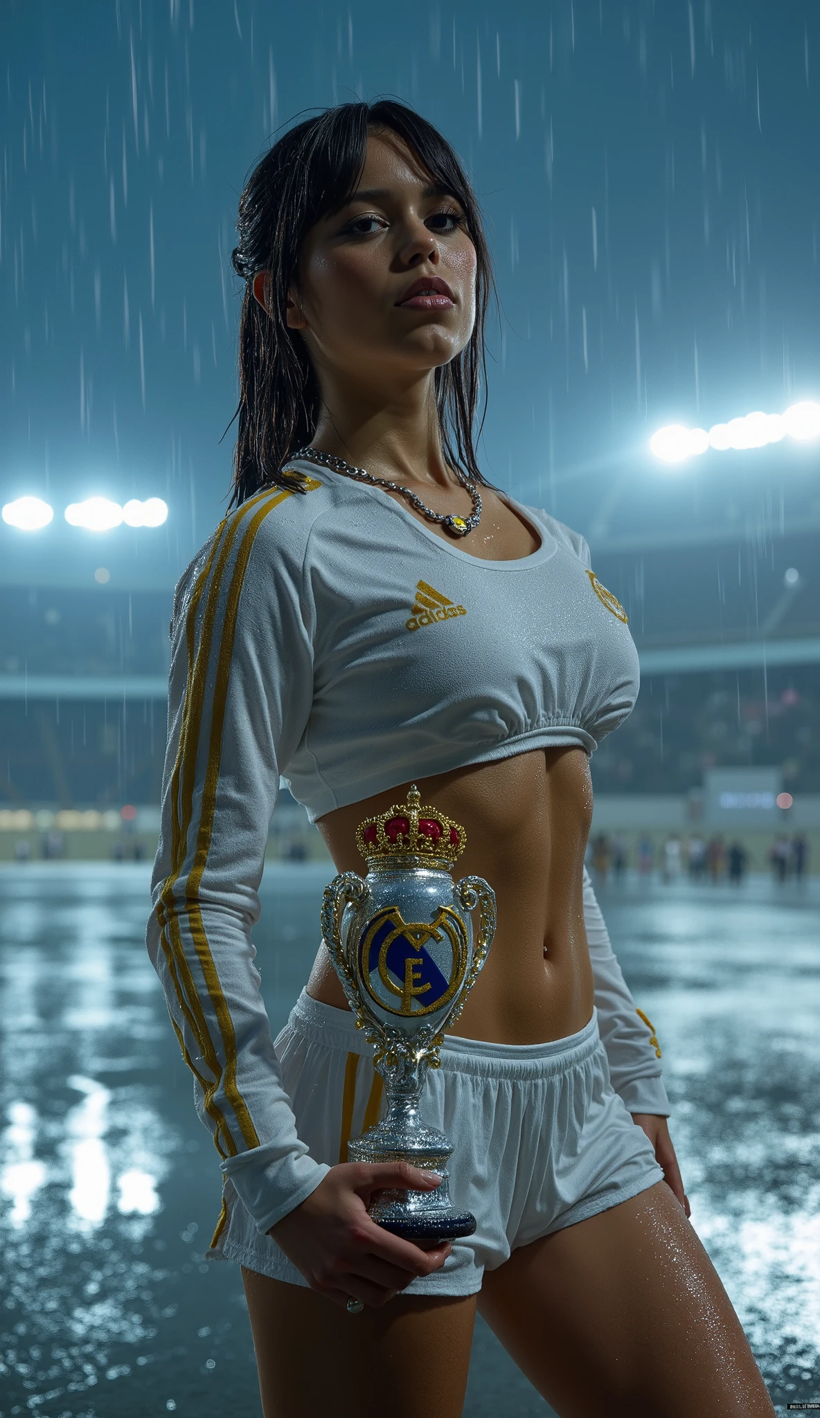 Photorealistic portrait of a beautiful model standing in the center of the majestic Santiago Bernabéu Stadium in Madrid, during an intense night rain. The scene is illuminated by the stadium's powerful floodlights, creating bright reflections on the wet ground and highlighting the raindrops falling on her body. The model is wearing the *official 2025 Real Madrid uniform with absolute precision: tight white crop top with the **official Real Madrid crest embroidered in gold, **deep and sensual neckline, and white mini shorts with the **exact team logo and gold details. Her hair is wet and clinging to her face, with water droplets sliding down her skin. The model maintains direct eye contact with the viewer, striking a dynamic and confident pose, holding a **silver trophy with the Real Madrid logo in high fidelity: detailed golden crown, navy blue band, and white lettering* with *anatomically perfect and detailed hands*. The shot is from the waist up, focusing on her figure and the intense expression on her face. Photograph taken with a Sony A1, 85mm f/1.4 lens, ISO 400, f/2.8, shutter speed 1/250, 8K resolution. Style inspired by Annie Leibovitz's sports photography, with dramatic lighting and cool color grading (blue and white tones). --flux_version 5.2 --ar 9:16 --quality 5 --sharpness 8 --hdr, keep the exact face and hair details of the selected LoRA, big breasts, hourglass figure, seductive smile