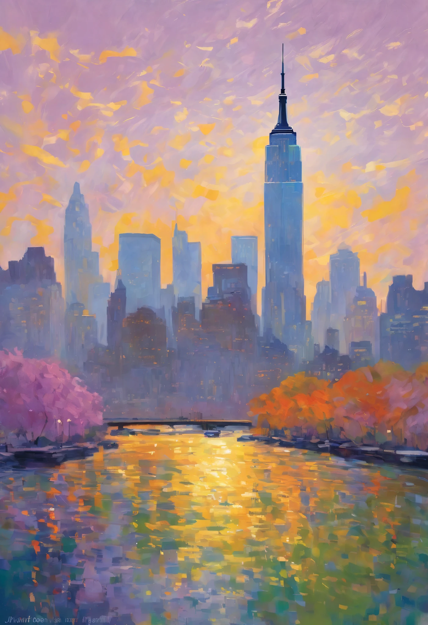 Create an impressionist oil painting depicting the Empire State Building bathed in the warm glow of a summer sunset. Use loose, visible brushstrokes in the style of Claude Monet to capture the fleeting light. Render the skyscraper's Art Deco details with softened edges, allowing its iconic spire to dissolve into hazy violet shadows. Surround the building with swirling clouds tinted tangerine and rose-pink, reflecting Monet's signature atmospheric approach. Incorporate shimmering gold highlights on windows to mimic sunlight refraction, while painting the foreground with abstract strokes suggesting Central Park's foliage as emerald and sapphire blurs. Add subtle lavender undertones to the granite facade, blending cool and warm tones characteristic of Impressionist color theory. Include faint silhouettes of yellow cabs as tiny cadmium yellow dashes along blurred streets, maintaining the dreamlike quality. Let the entire composition evoke transient beauty through chromatic vibrations and dissolved boundaries between architecture and nature."