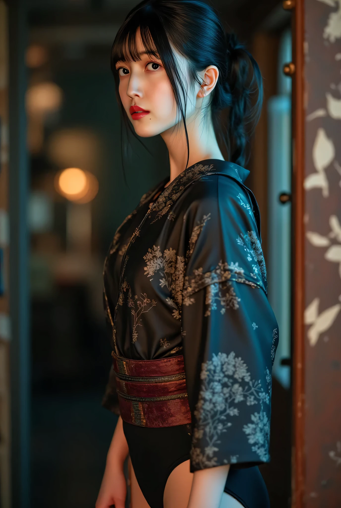 (((The dark interior of the Nostromo ship :2.0))),((( HR Gigger Style Cyberpunk Atmosphere :2.0))),(((Hold a cyberpunk-style Japanese sword:2.0))), standing,((whole body:2.0)), one woman,( cute face),(Beautiful well-balanced face ),(( natural big breasted :2.0)),( black hair:1.5),( beautiful eyes:1.3), glamorous shot of a 20 year old Japanese woman , Slender Beautiful Body ,(( model body type:2.0)),(( slim body with hot water:1.7)), perfect body line , ideal proportions ,(( big breasts:2.0)),((F cup breasts:1.5)),Big Breasts,Bare thighs, sensual thighs, delicate body,( Muscular:1.7),A harmonious posture,((Realistic breast depiction :1.7)), carefully depict limbs based on perfect anatomy,((Wear a samurai kimono-style military coat with an open front over a black super high-leg leotard :1.5)),((super high-leg leotard made of camy-style latex that fits the body:1.5)),(( leotard that is tied from behind:1.5)),(ear monitor:1.5),((Tactical Holster:1.5)),( gloves:1.3), concept art ,(top quality:1.5),( Masterpiece:1.5),(超高resolution),resolution,UHD,( delicate depiction), carefully drawn with butterfly wings ,32K,((realistic skin texture:1.5)),((( Super realistic :1.5))), eyelashes,very detailed face,Highly detailed female hand,Sexy appearance,Very sensual,(Blurry Dim Backgrounds :1.5), professional photography,( Movie Lighting:2.0),(( Blade Runner Style Lights :2.0))