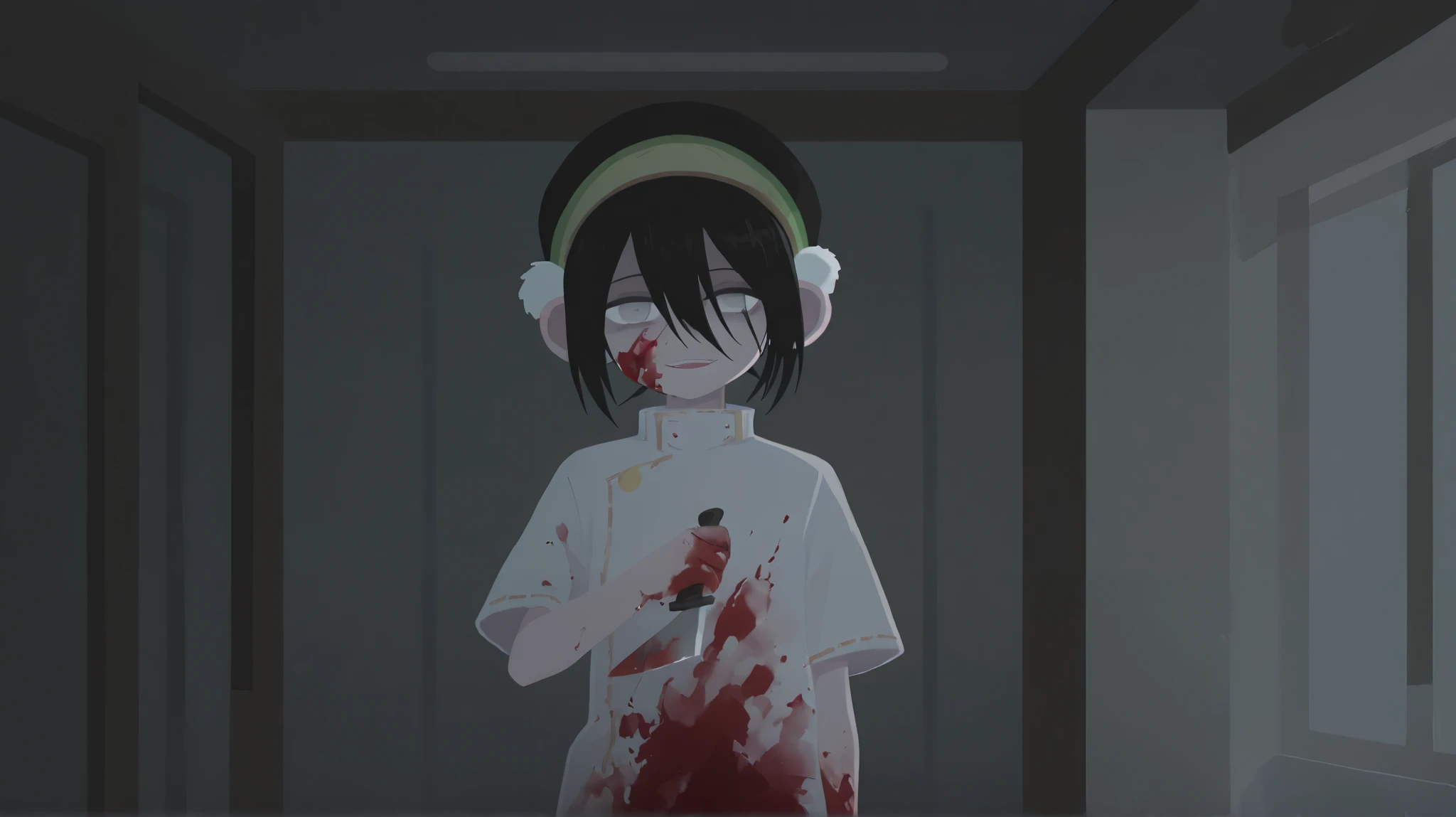 no lineart,no outline,
1girl, toph, bangs, black hair, blind, grey eyes, hair between eyes, hair bun, hairband, short hair ,
ruanyi0708,blood splatter,indoors, Blood on hand, blood on clothes, crazy face, cold eyes, holding a blood covered knife , Pale eyes, dark circles under eyes , blood in the face