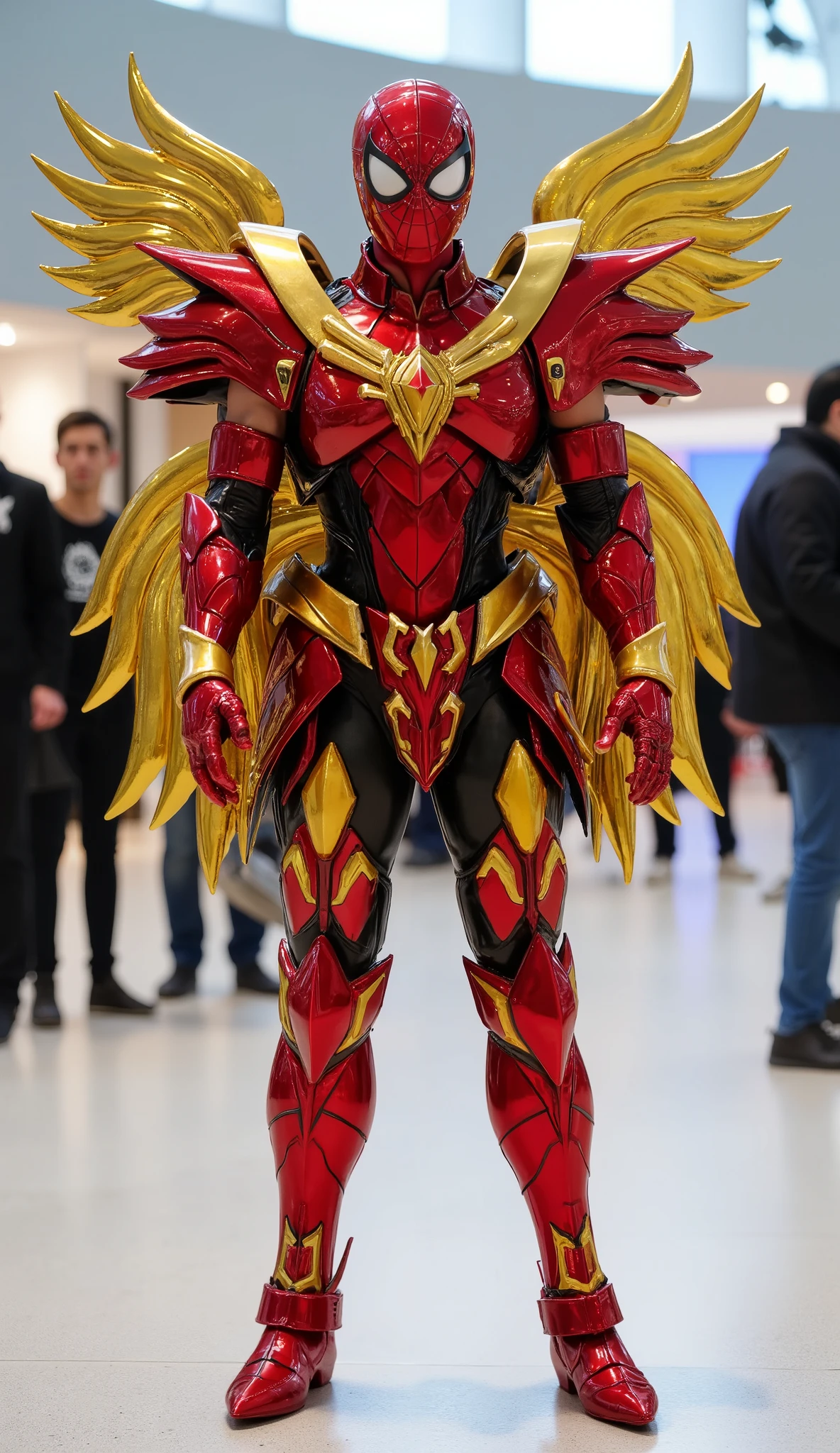 character: 1 Man Wearing a Spiderman full mask.
action: standing, Body position facing straight ahead. Looking into the camera.
Costume : Wearing futuristic Light red Spiderman armor saint seiya with futuristic gold white accents. Wings like a golden bird. Full body view.
Background : A bright indoor public space , with people vaguely seen in the distance , indicates that this picture was taken at a fun event or meeting , may be a convention or costume party . radiate happiness while standing confidently in their superhero costumes. Full body.