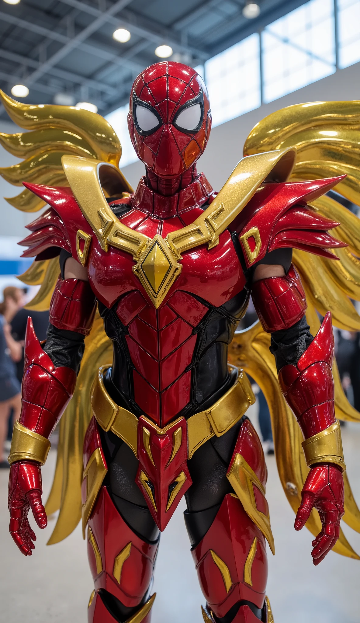 character: 1 Man Wearing a Spiderman full mask.
action: standing, Body position facing straight ahead. Looking into the camera.
Costume : Wearing futuristic Light red Spiderman armor saint seiya with futuristic gold white accents. Wings like a golden bird. Full body view.
Background : A bright indoor public space , with people vaguely seen in the distance , indicates that this picture was taken at a fun event or meeting , may be a convention or costume party . radiate happiness while standing confidently in their superhero costumes. Full body.