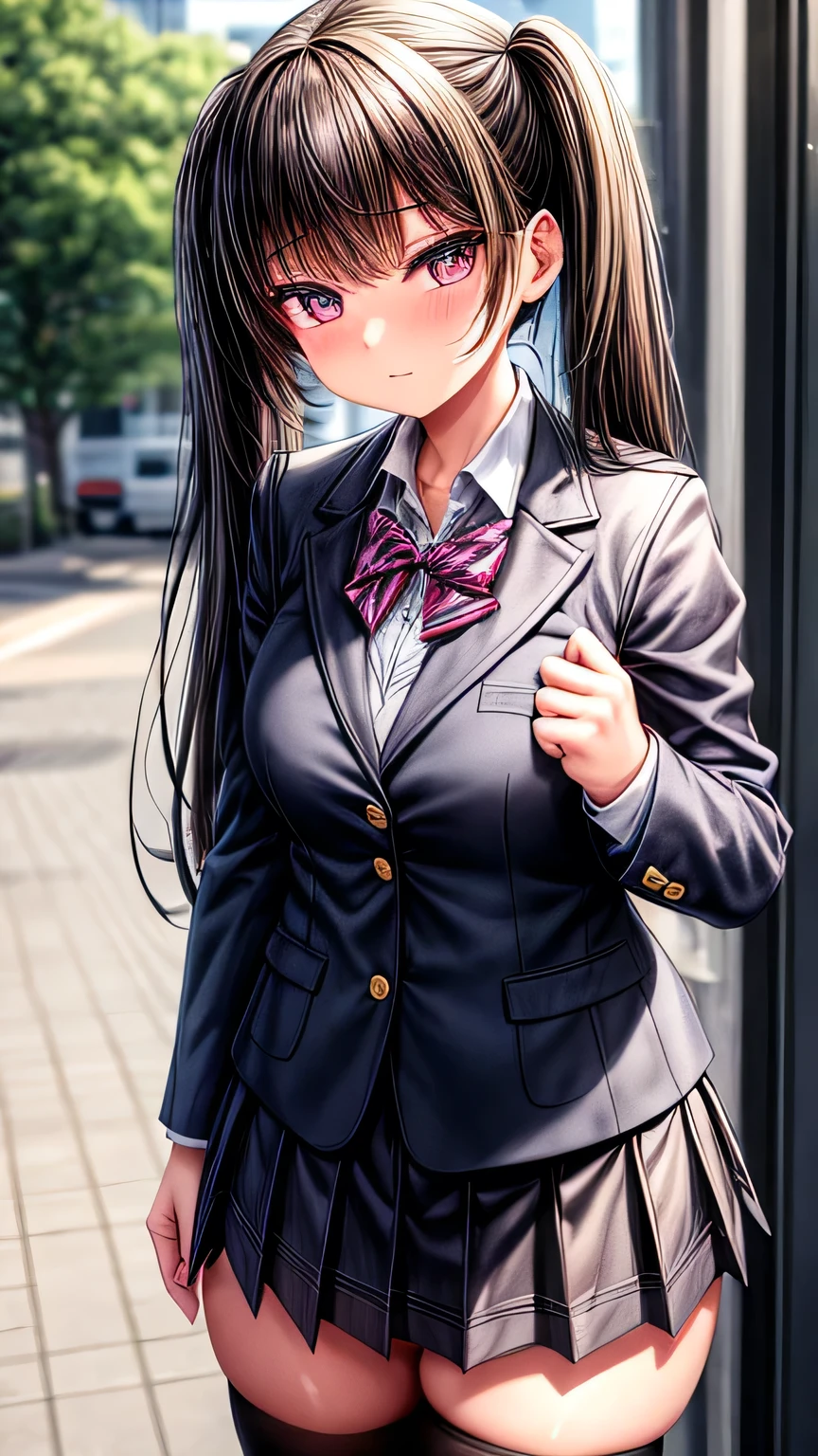high position twin tails , High School Girl Uniform, blazer and pleated skirt , Around town , black thigh high, heavy makeup, long lashes, Beautiful big eyes with highlights, place your hands on your lower back