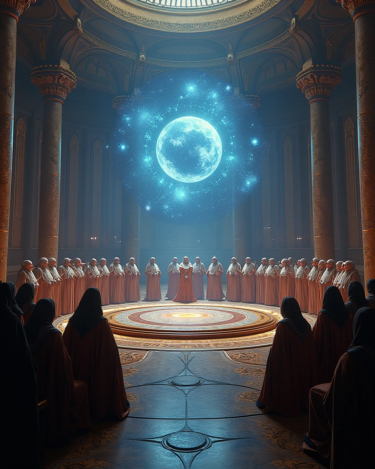 The gathering of the elders representatives of all the primeval space civilizations and species from the deepest depths of the entire universe convenes in the assembly hall of the interstellar palace, standing in the the circle, surrounding holographic projection of the universe beyond time.