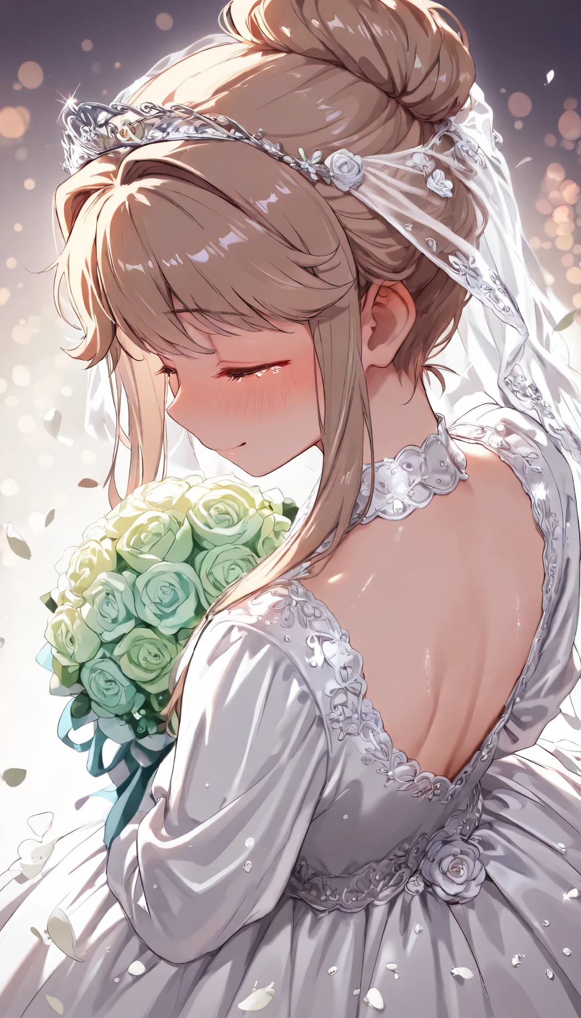 (High resolution, accurate, Best Quality, Anatomically correct, masterpiece, 8k, 16k, Wallpaper), Soft lines, soft Tones, tenkubashi tomoka, Shy smile, (hold pale blue and pale green Bouquet), back shot, from above, ((looking down and shyly closed her eyes)), embarrassed, tiara, White wedding dress, wedding Veil, shiny glossy glittering clothes, Lots of petals, ((soft focus, soft lighting)), glitter effect, dof, Bokeh