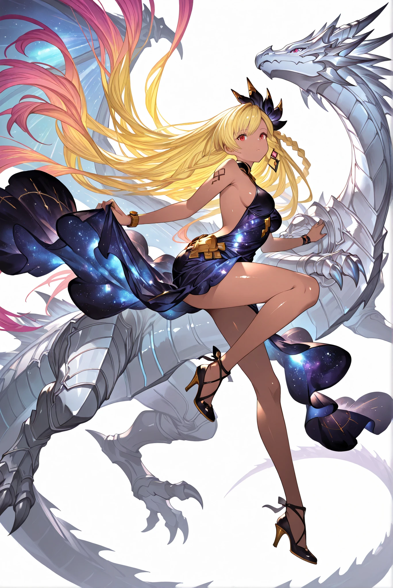 ( front view,riding on a blue-eyes white dragon,whole body,heels, white background:1.7),limited color palette,Colorful, vivid colors ,Flashing silhouette ,neon,black light ,watch, Masterpiece, Very beautiful,, shiny skin, galaxy dress, backless dress, golden ornaments, arm tattoo, , Granblue_ fantasy, Helel_Ben_Shalem, dark skin, Blonde, long hair, braid, red eyes,riding on a blue-eyes white dragon